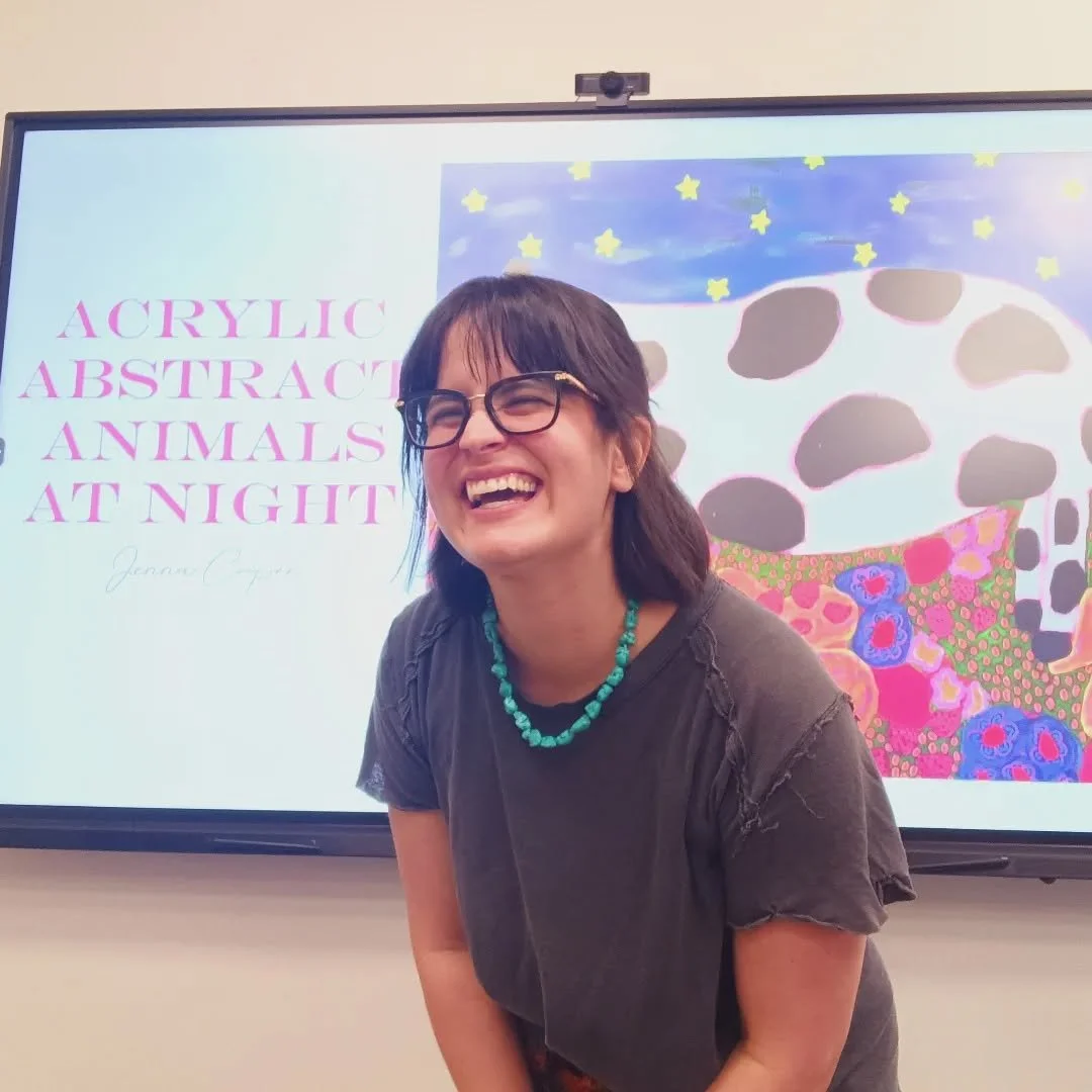 Had suchhhh a fun time teaching my super whimsical class &quot;Acrylic Abstract Animals at Night&quot;! 🌙⭐️🐄

After my PowerPoint full of examples of animals simple and childlike &amp; more technical, my students went to work and absolutely killed 