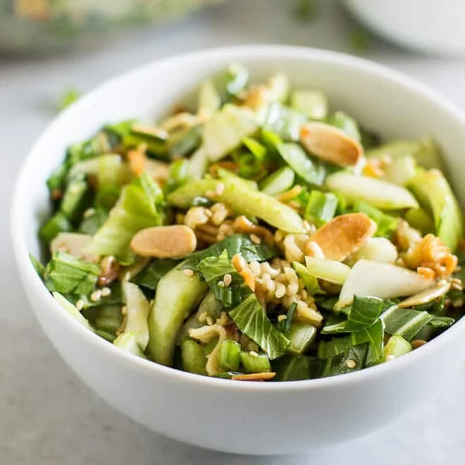 Bok Choy Salad with Rice and Almond Crunchies