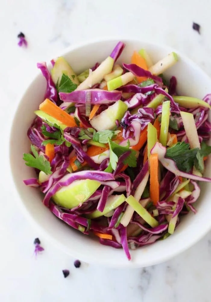 Crunchy Red Cabbage Salad with Craisins, Stewed Apples and an Apple Cider Vinaigrette