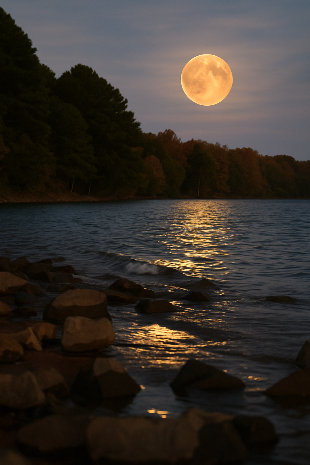 A large full moon glowing in the night sky over a body of water, with trees along the shoreline and rocks in the foreground North Carolina lake