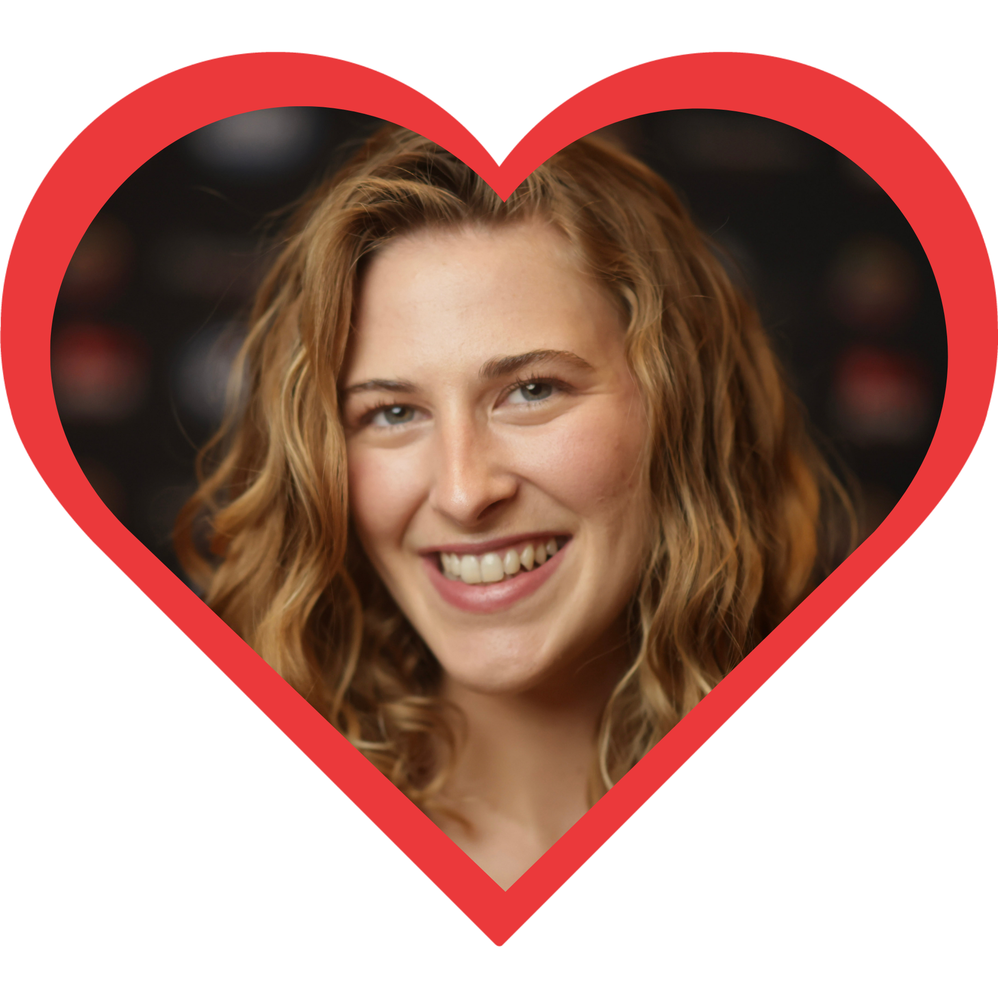 Smiling woman with wavy hair inside a red heart shape.