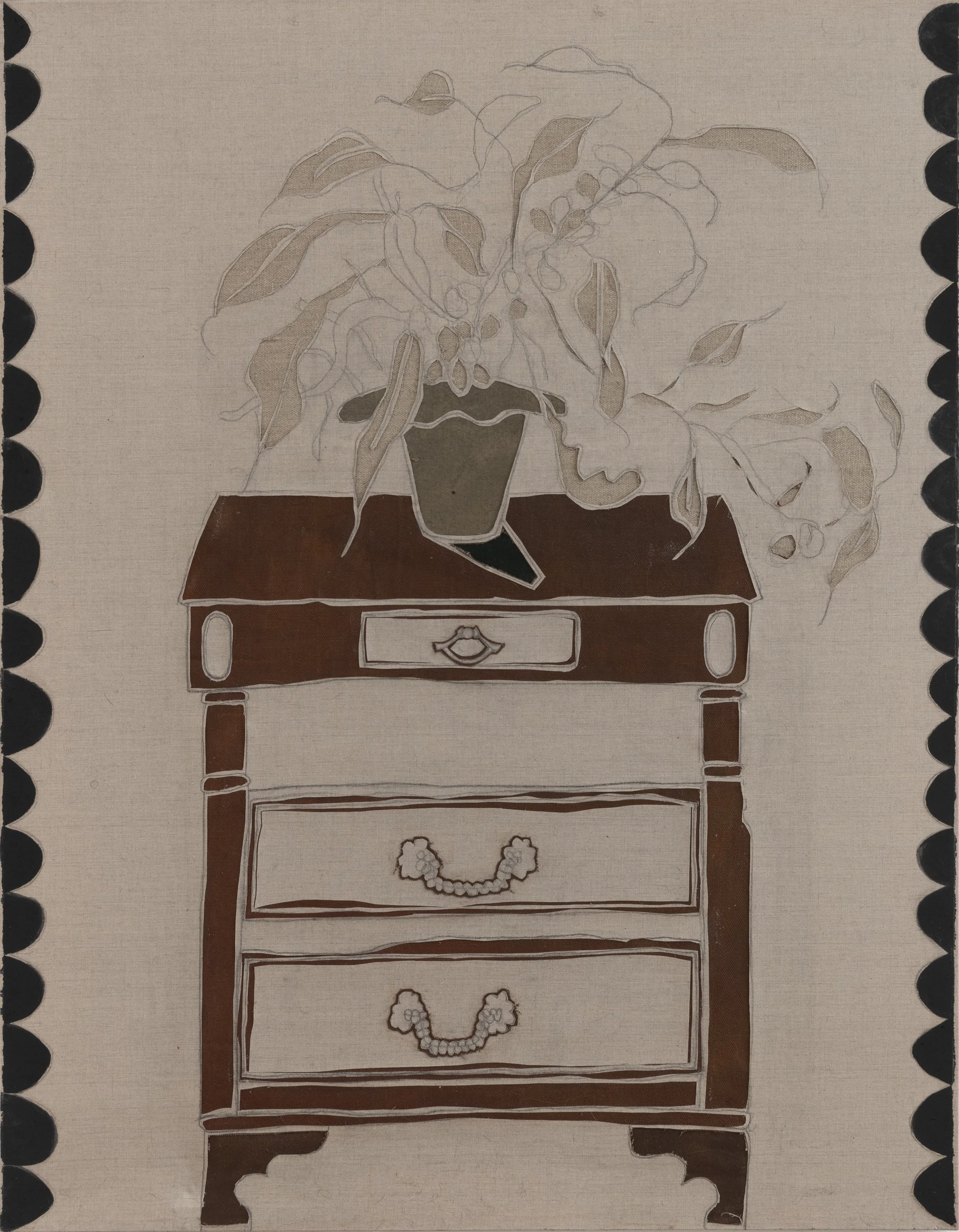 Pitcher Plant on a Nightstand, cut-out, pencil, and oil on linen, 44 × 34 in., 2022