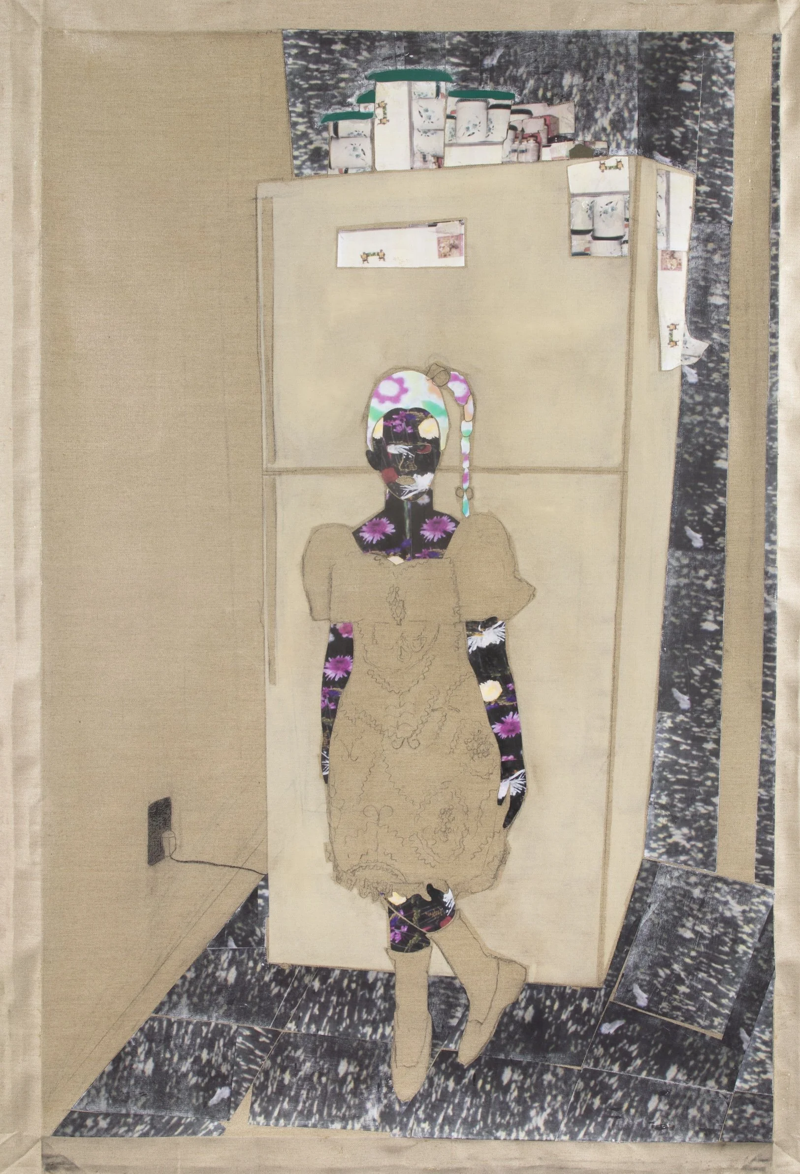 Fridge, charcoal, paper, and oil on linen, 78 × 54 in., 2021