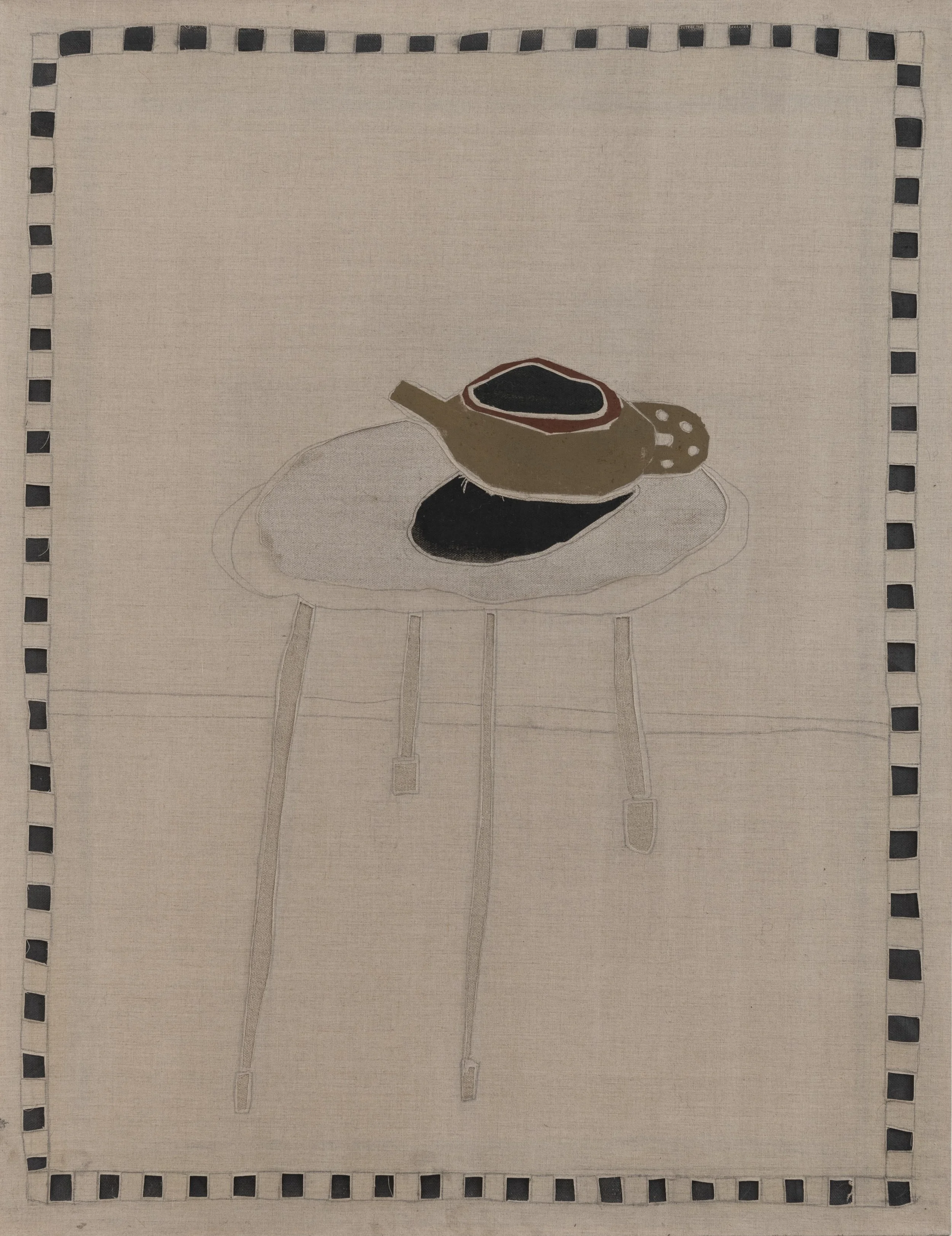 A Teapot on a Stool, cut-out, pencil, and oil on linen, 44 × 34 in., 2022