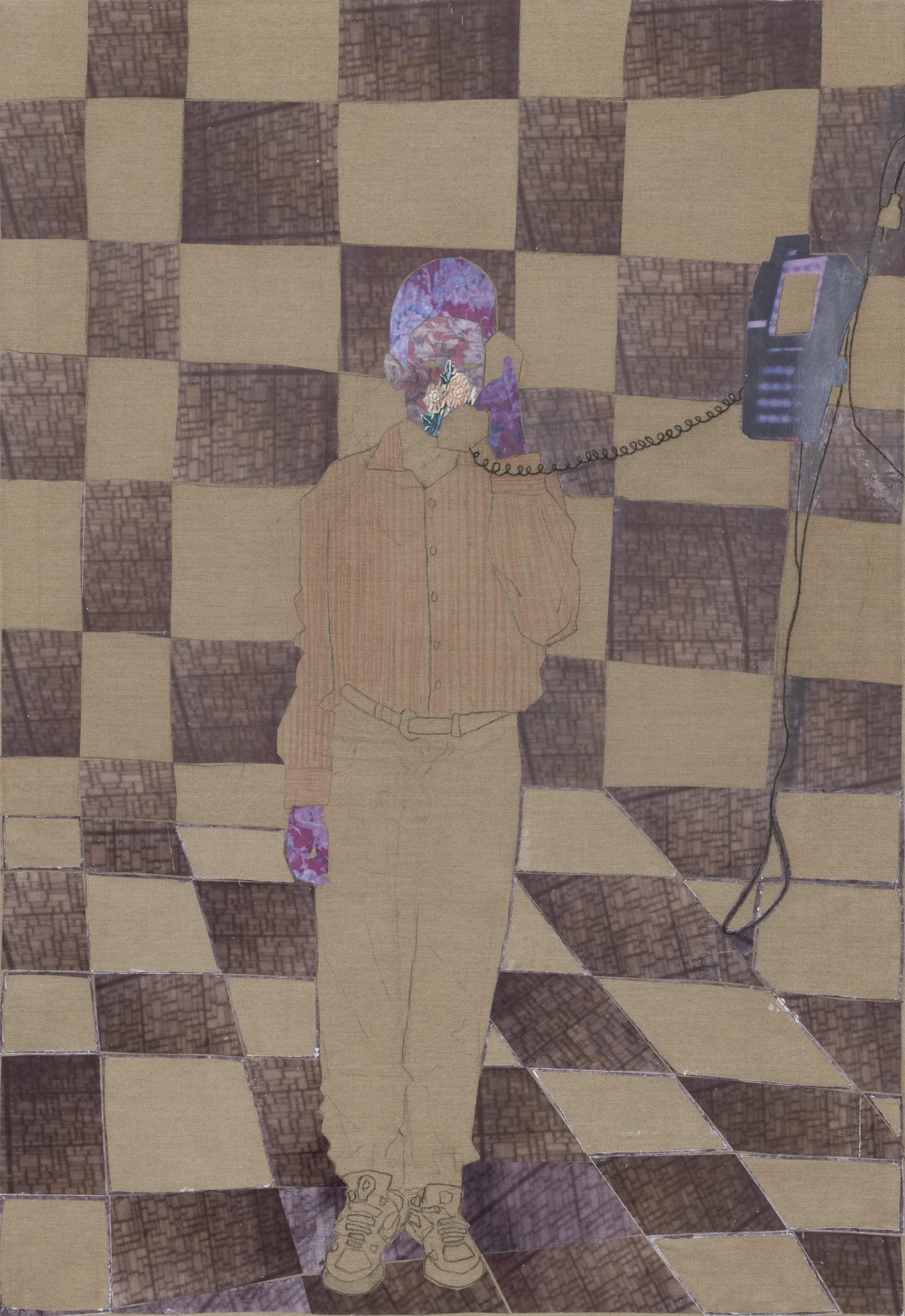 Dead on the Phone, charcoal, paper, and oil on linen, 72 × 50 in., 2021