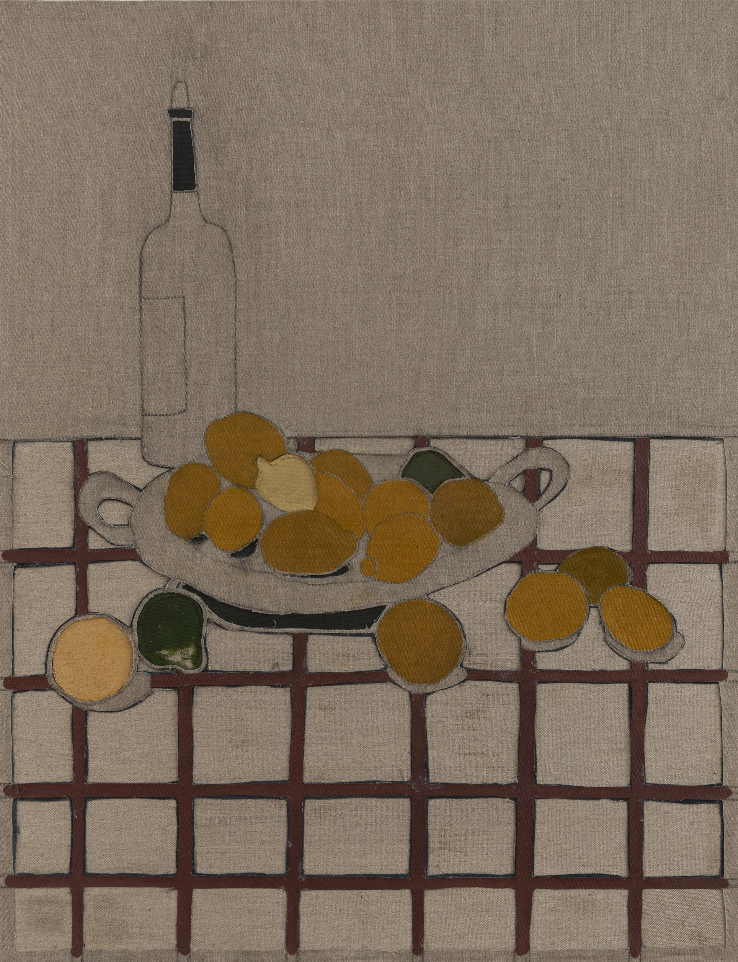 Wine, Oranges, Lemons, and Limes, cut-out, pencil, and oil on linen, 44 × 34 in., 2022