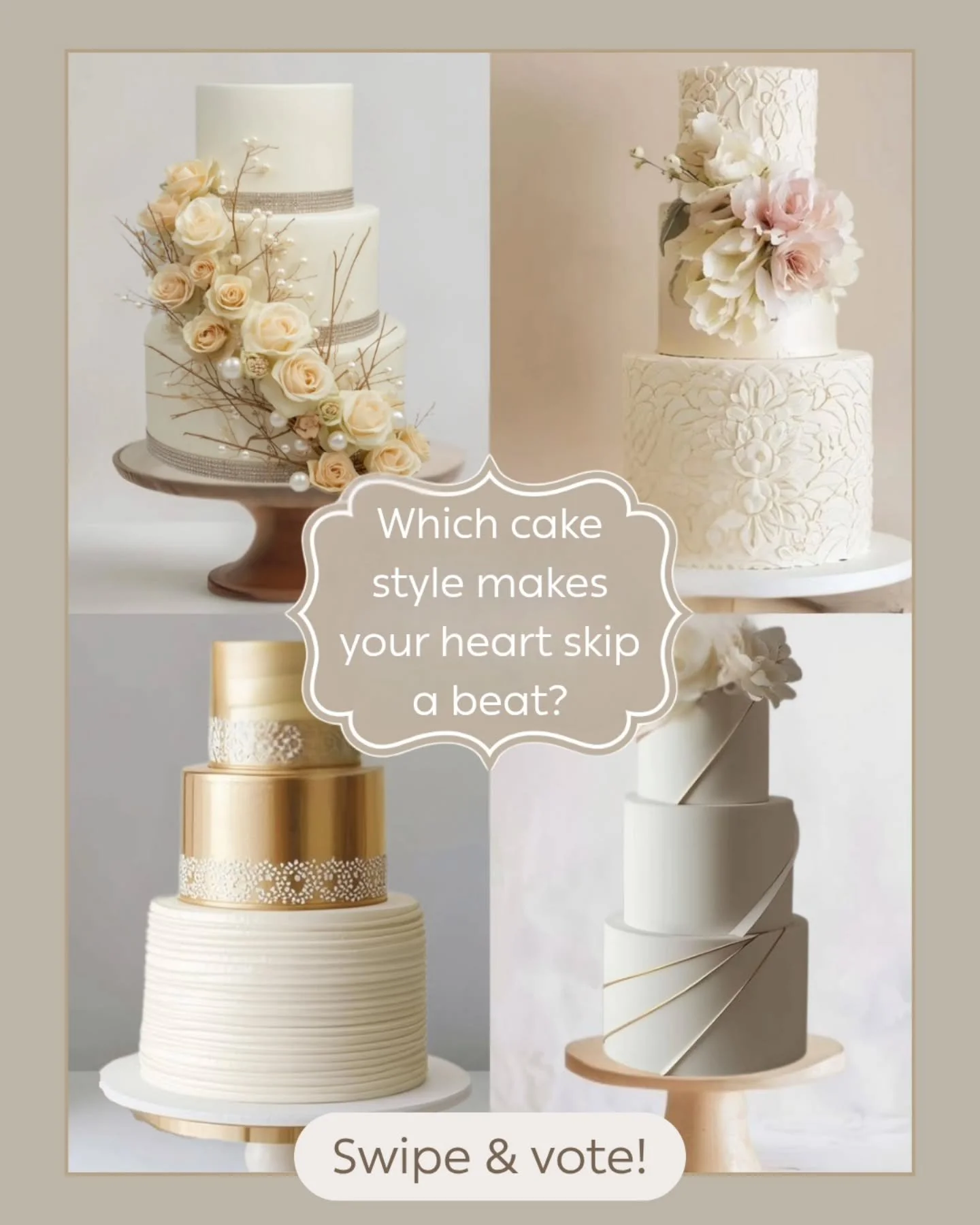 ✨ Cake Style Discovery ✨
Every couple has a signature style &mdash; and your wedding cake should reflect yours. 💍

From Modern Minimalist to Romantic Elegance, Luxe Glam, Artistic Couture, or a Mixed Style inspired by your love story &mdash; each de