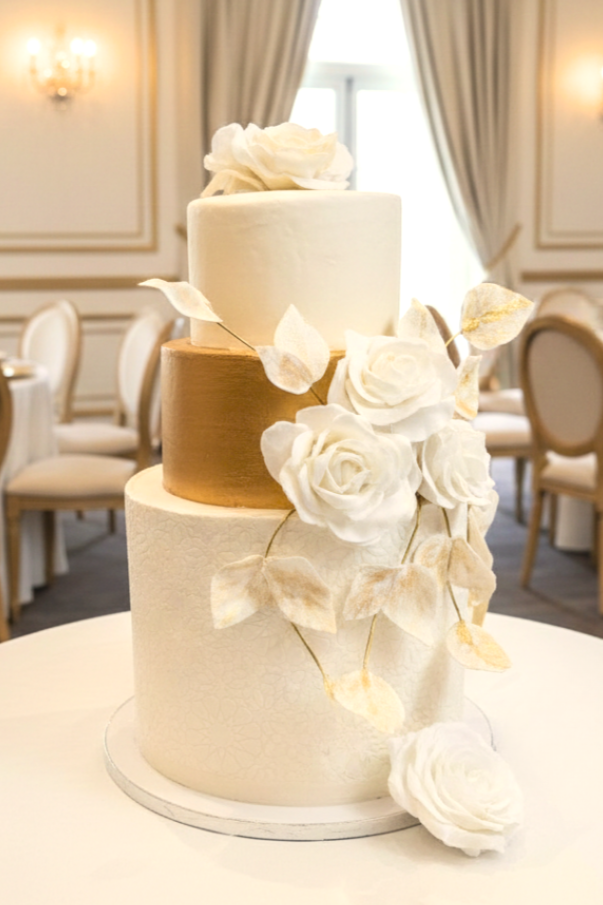 Elegant two-tier wedding cake in white & gold, featuring stencilled texture and handcrafted, realistic edible paper flowers. Bespoke luxury wedding cakes in Calgary by Magnolia Couture Cakery.