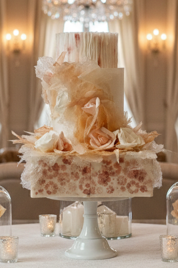 Bespoke luxury four-tiered wedding cake for 150 guests. Features elegant handcrafted edible flowers & lace, plus edible metallic printing. Two custom flavours. Unique wedding cakes in Calgary by Magnolia Couture Cakery.