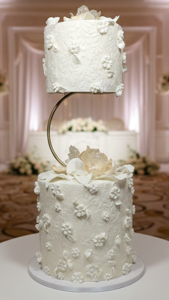 Bespoke, elegant white three-tiered wedding cake for 60 guests. Adorned with handcrafted edible Isomalt and sugar flowers. Custom luxury wedding cakes in Calgary by Magnolia Couture Cakery.