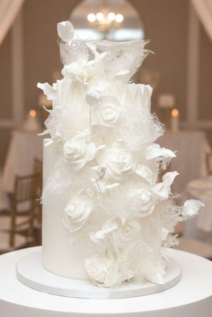 Elegant white floral gluten-free wedding cake for 60 guests. Adorned with handcrafted edible flowers & lace. Features Almond Pudding Cake flavor. Bespoke wedding cakes in Calgary by Magnolia Couture Cakery.