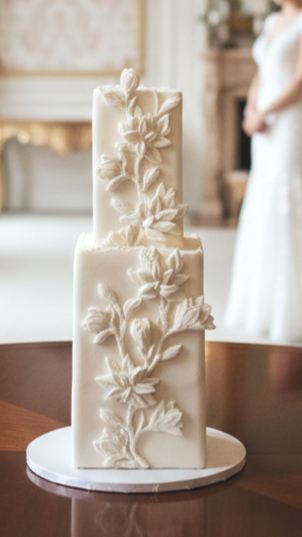 Pure elegance: Modern, chic white wedding cake with 3D fondant flowers, served to 70 guests. Features Vanilla Ripple and Red Velvet flavours. Bespoke wedding cakes in Calgary by Magnolia Couture Cakery.