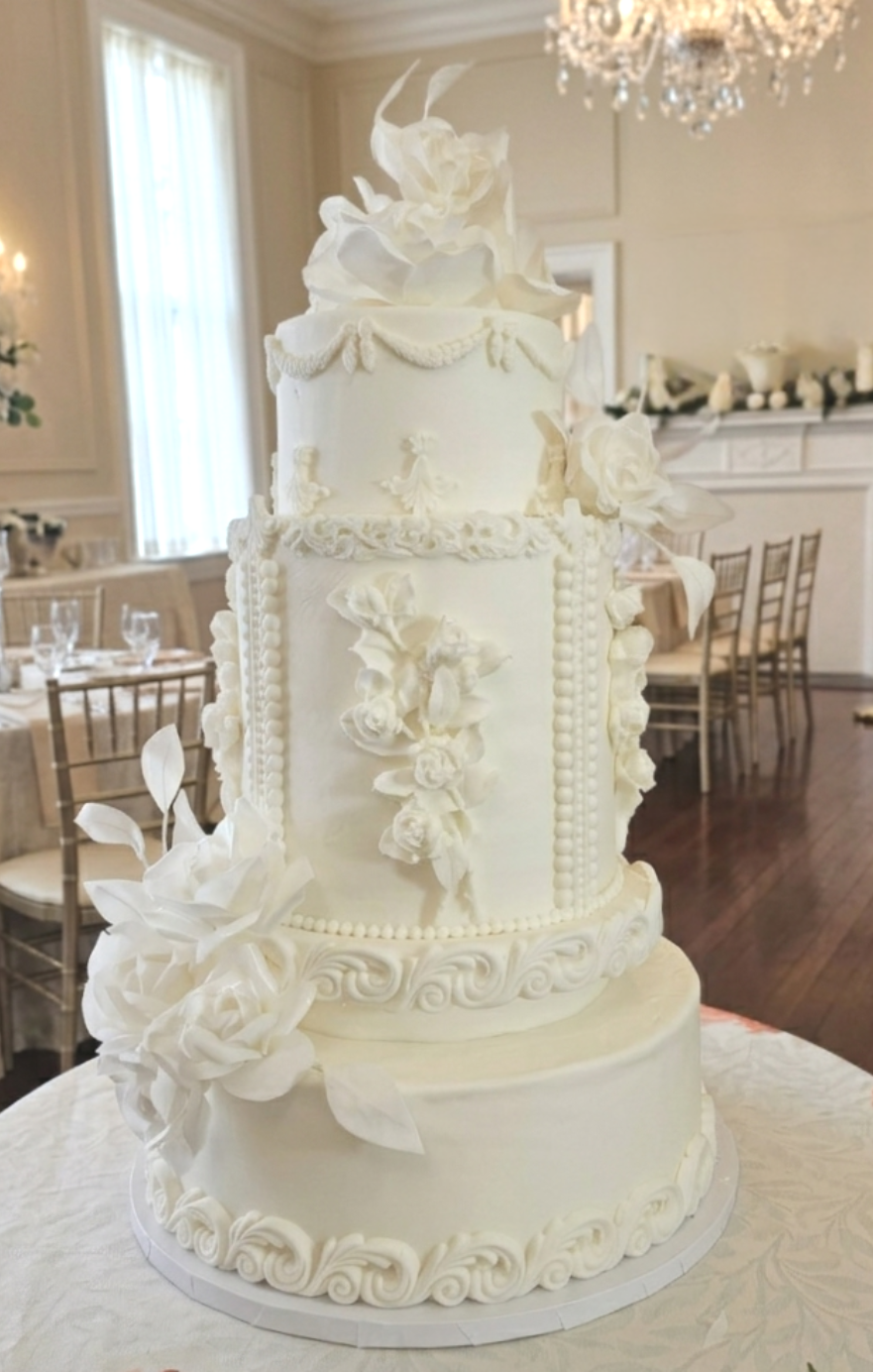 Luxury White Wedding Cake with Handcrafted Sugar Flowers

This elegant four-tier luxury wedding cake features a smooth white finish adorned with intricate hand-piped royal-inspired scrollwork, decorative appliqués, and delicate pearl borders. The des