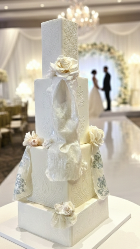 An exquisite expression of couture in cake form!
This statement piece was designed as a true centre-piece, softly draped in fully edible fabric, adorned with handcrafted edible florals, and finished with refined, architectural elegance. Every detail 