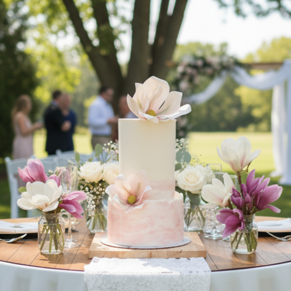 Two-tier wedding cake with edible floral decorations in pink and white, luxury, elegant design