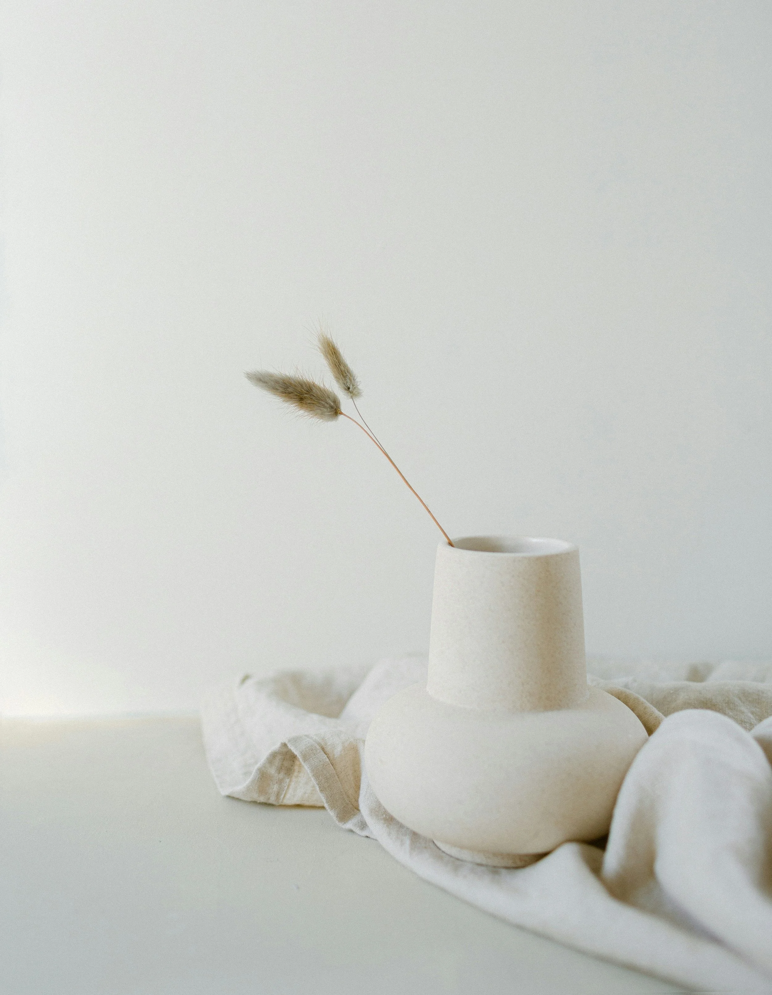 A white ceramic vase with a narrow opening, holding two fluffy, beige dried grass stalks, placed on a white textured cloth.