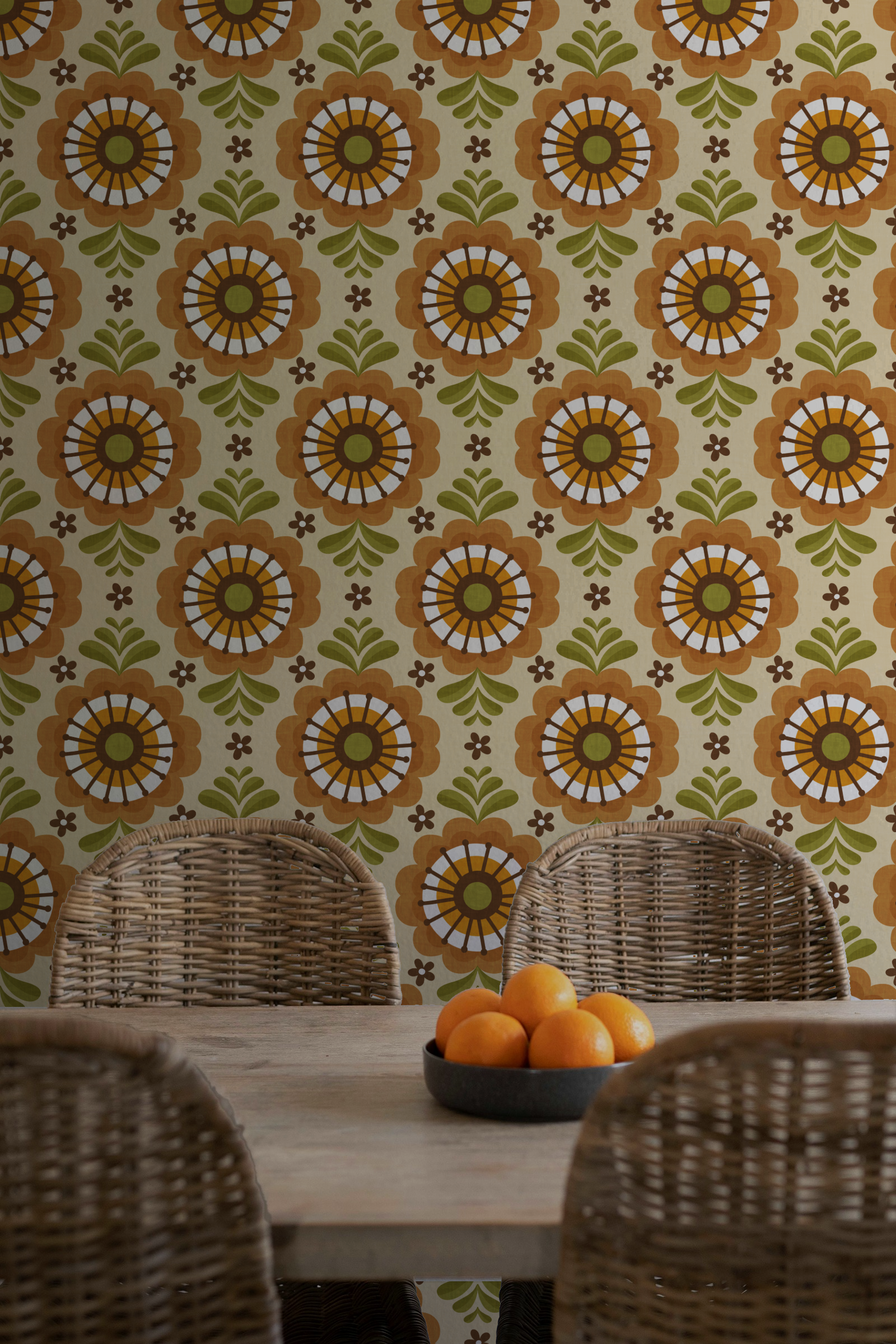 70s retro dinning room wallpaper, table with cane chairs and oranges in bowl