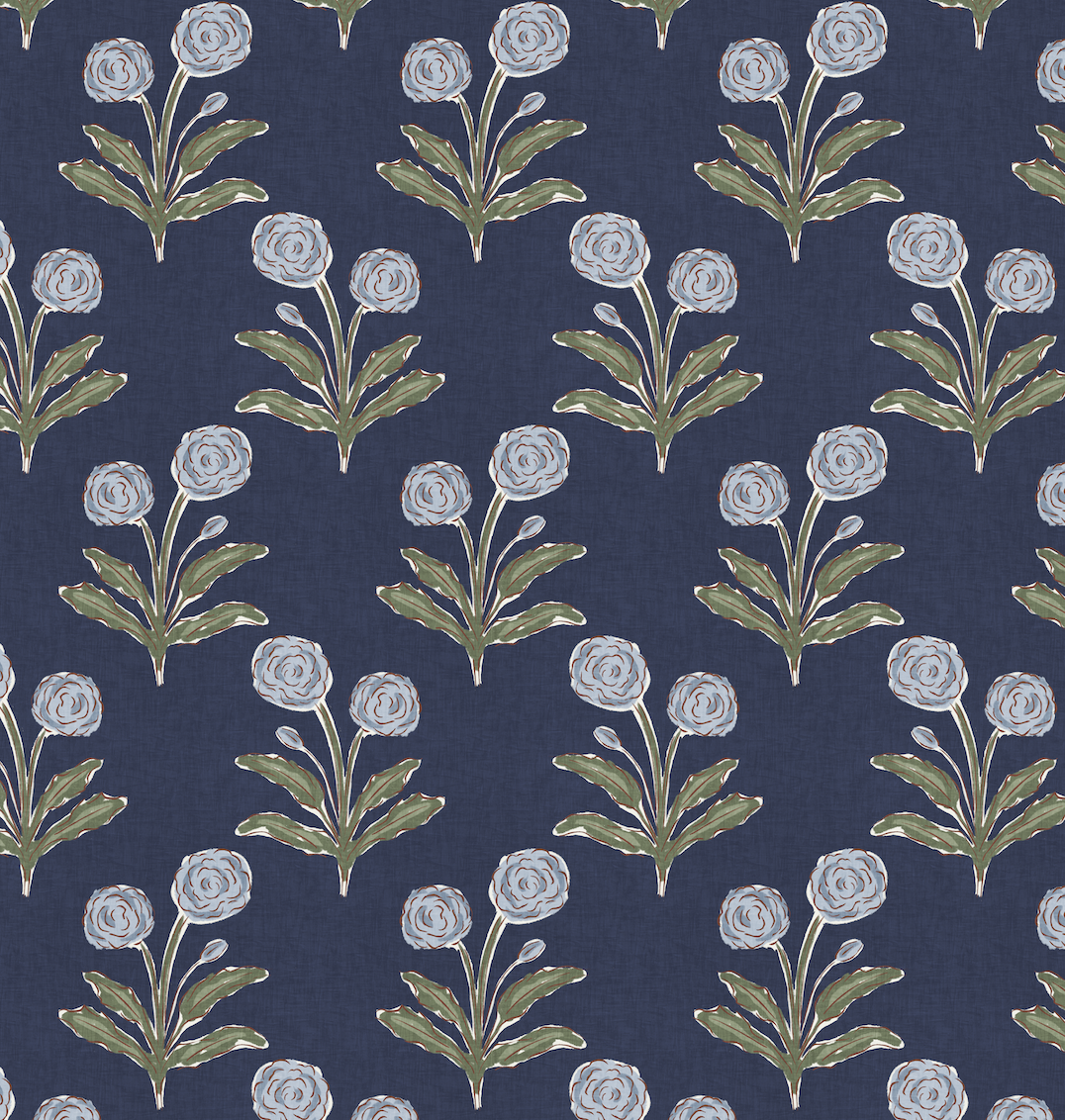 block print marigolds navy