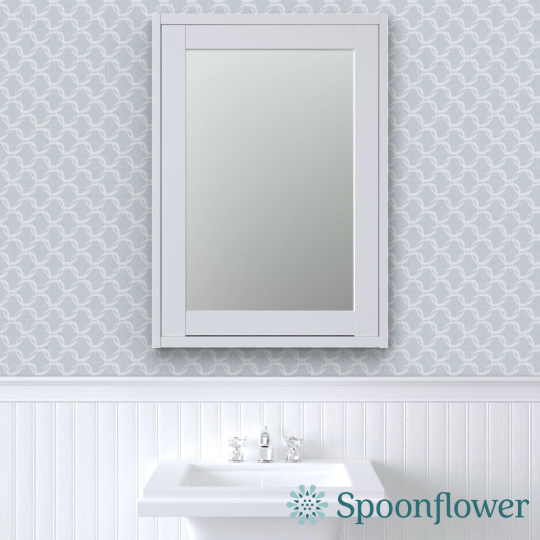 modern bathroom vanity and mirror with wall featuring soft blue japandi style wallpaper with geometric hand drawn linked cirles