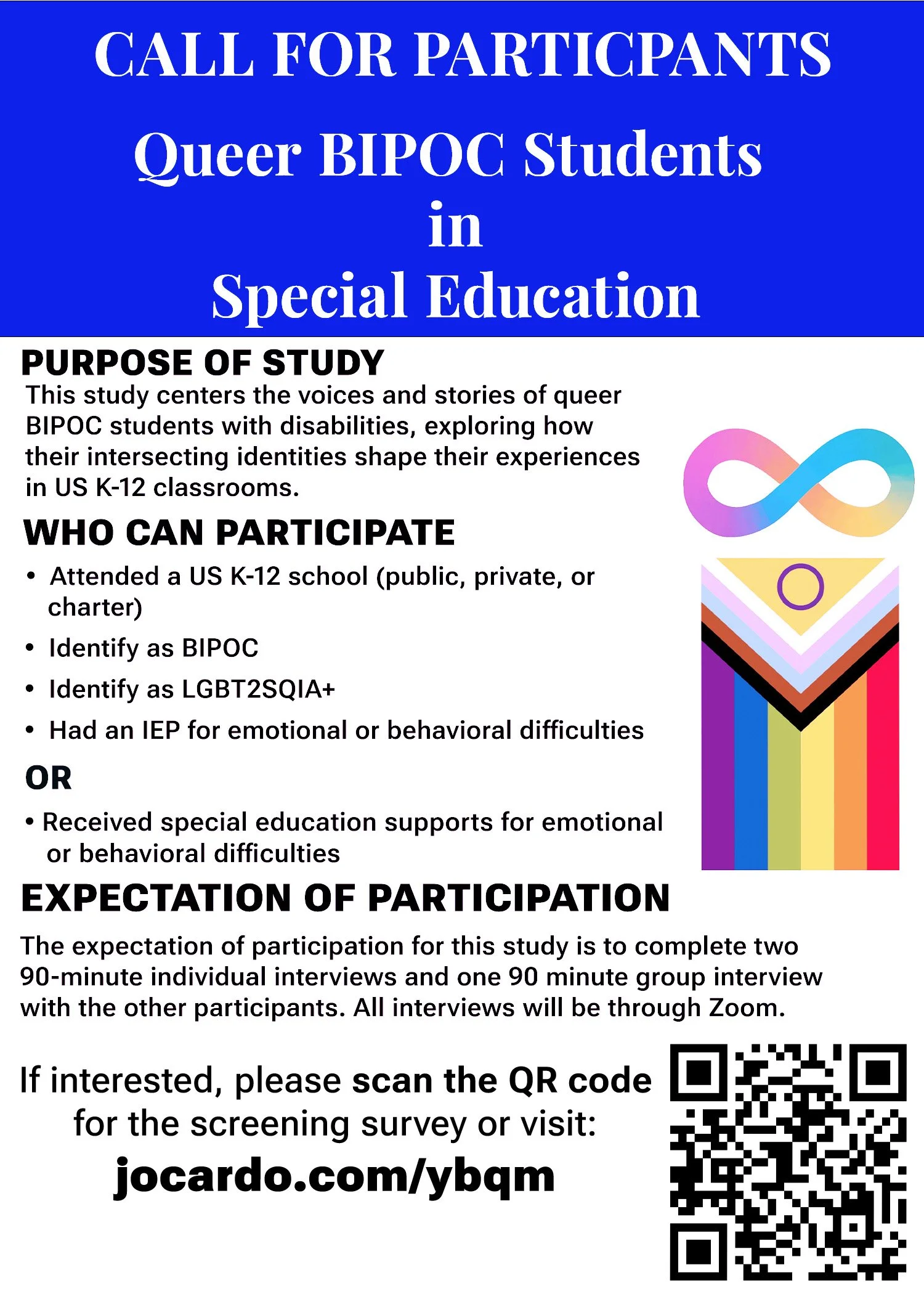 Flyer seeking participants for research study on queer BIPOC students in special education