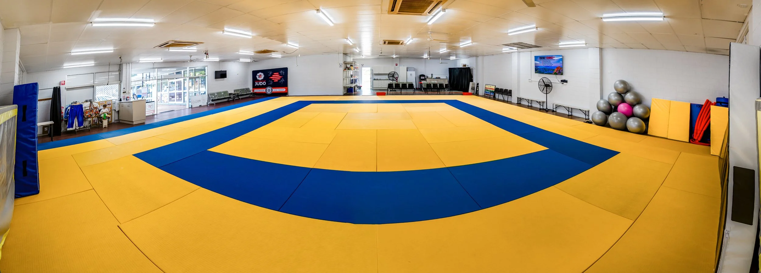 August 2026 saw Townsville Judo move into a bigger, better space at Wulguru. 12m x 13m permanent mat area panorama.