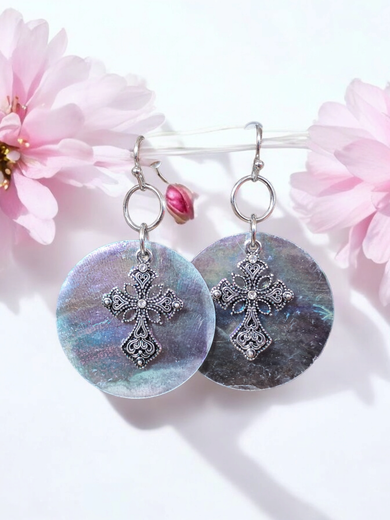 Purple/Teal Abalone Cross Earrings