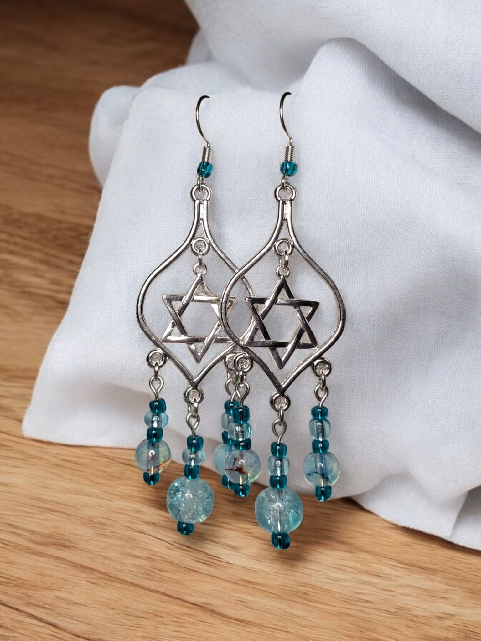 Blue Star of David Chandelier Earrings