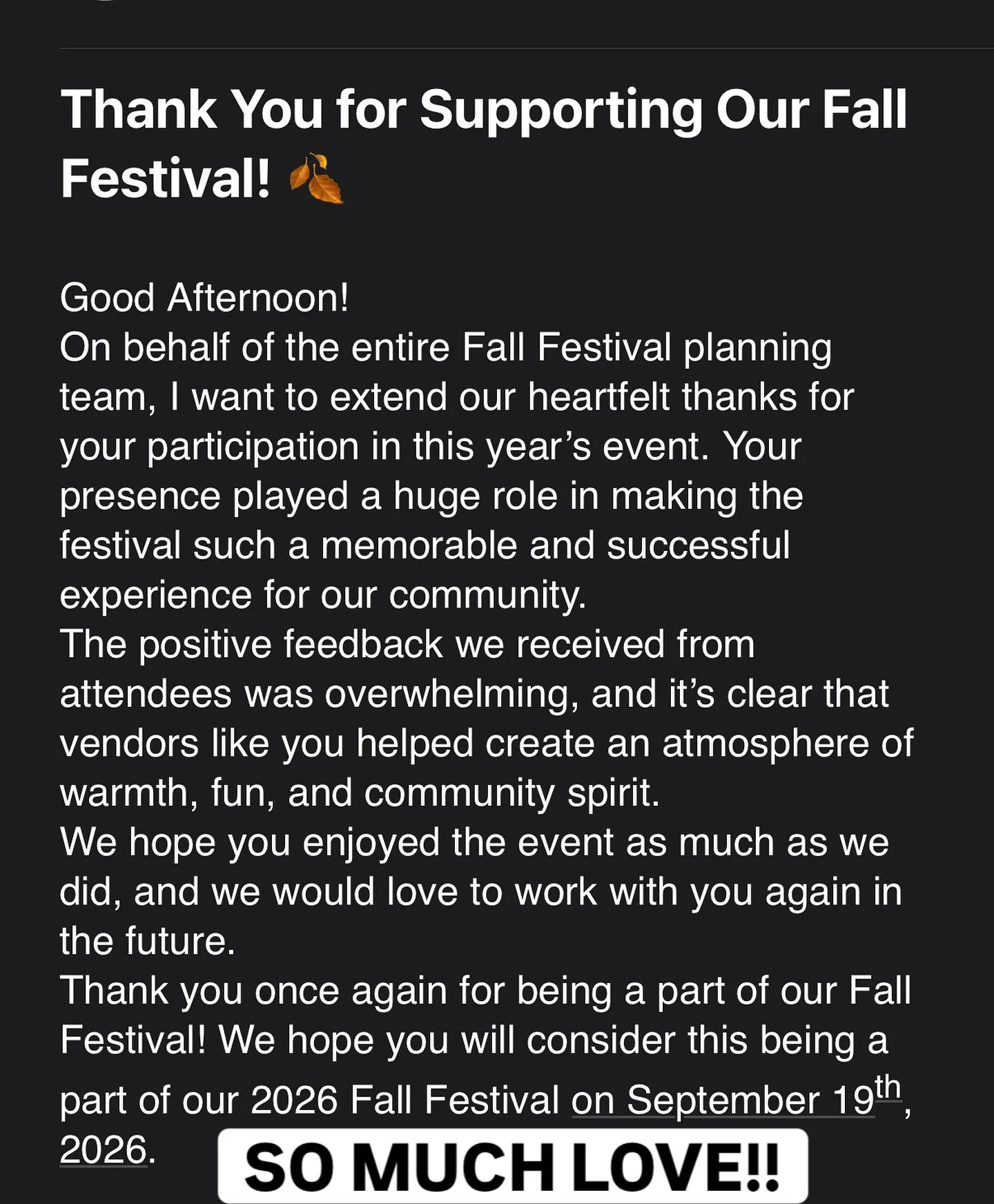 Thank you to Chalfont Fall Festival for the amazing review!! Especially Susan Gelb!!! Thank You!!!