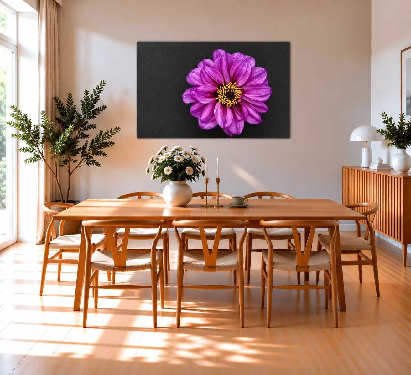 Solbeskinnet-spisestue-med-lilla-blomsterkunst.jpg