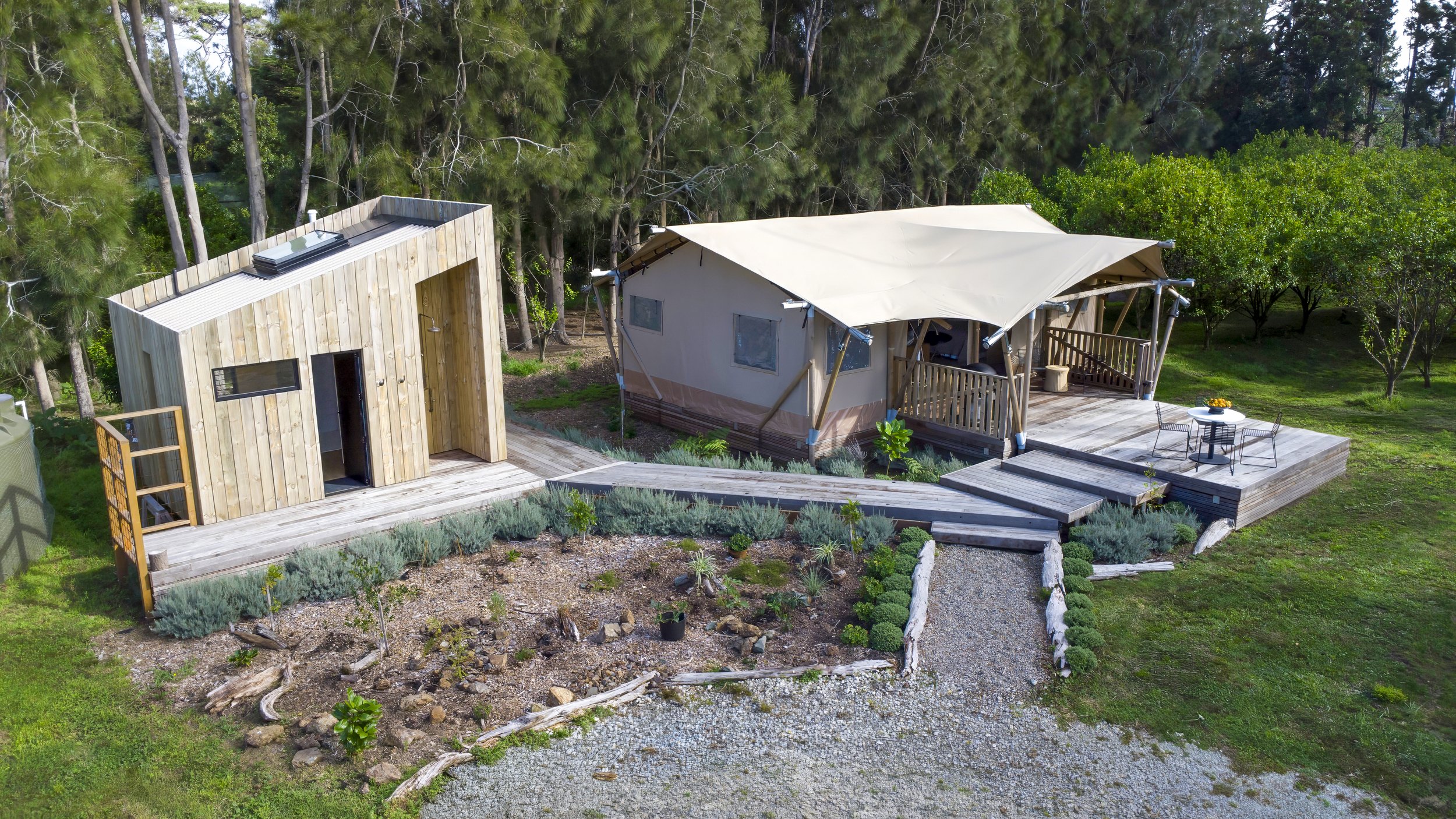 New home build glamping tent in Mangawhai by Elite Building aerial view