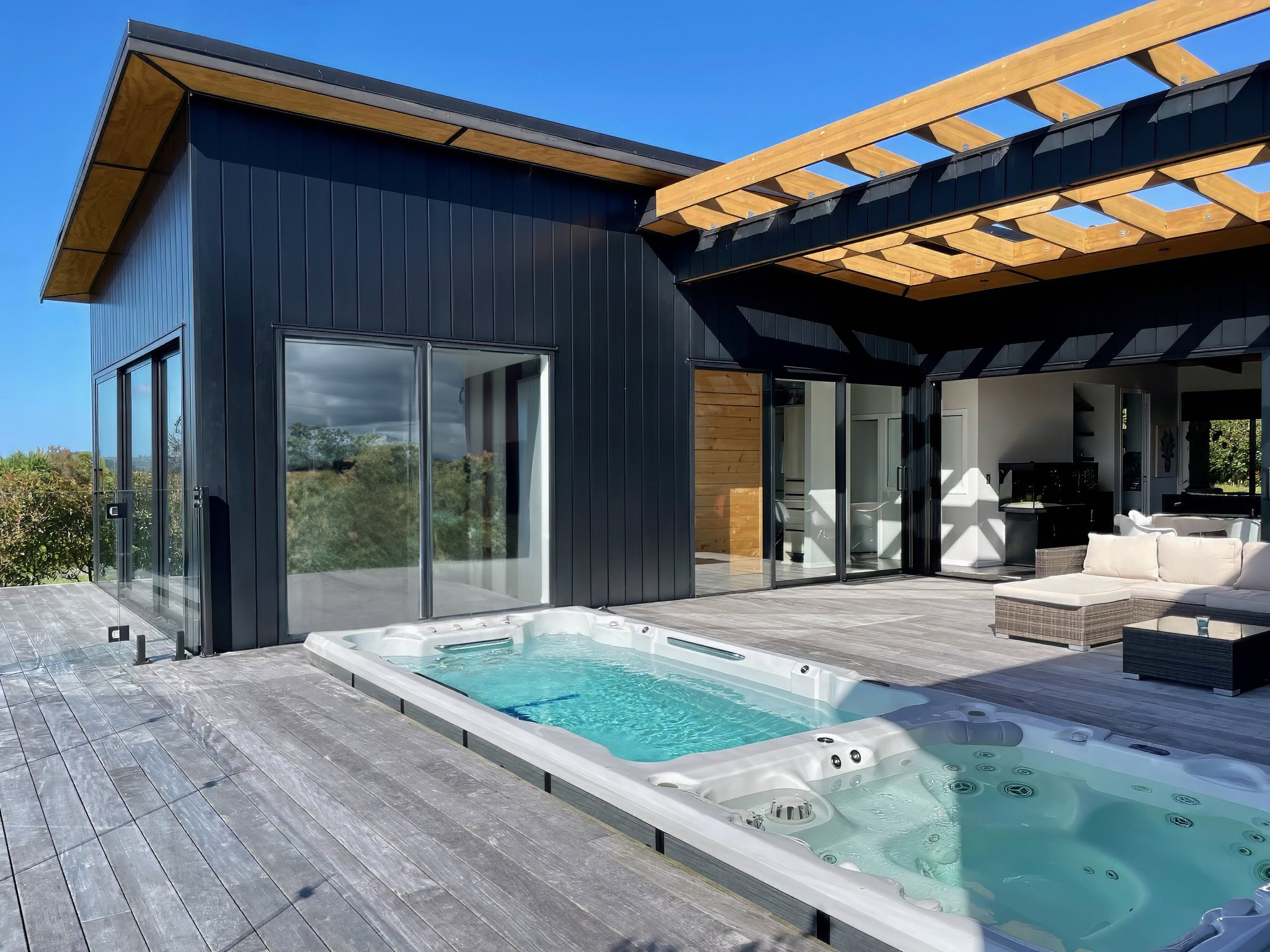 Sanctuary Ridgeview new home pool and timber deck outdoor entertaining, Mangawhai