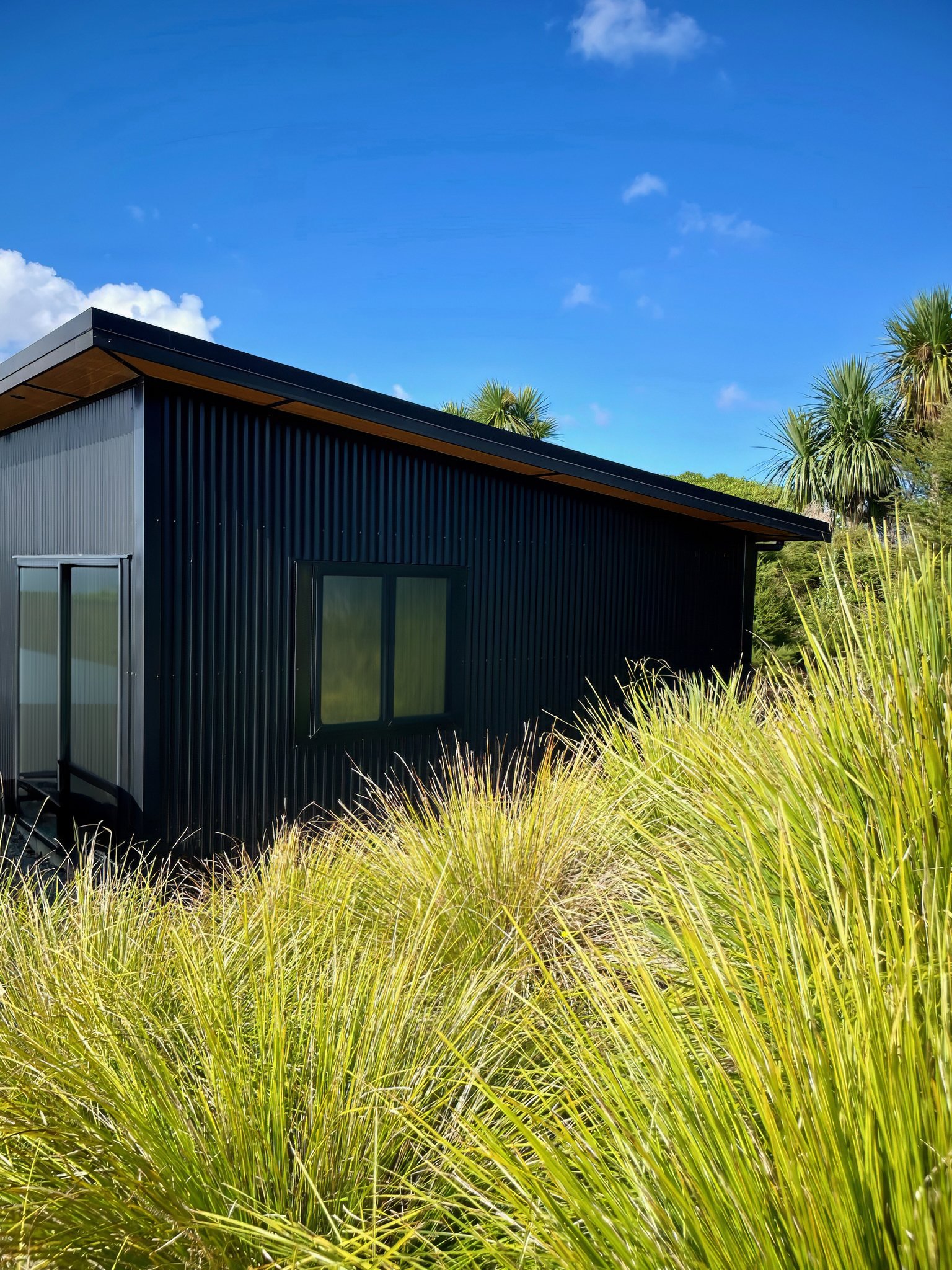 Sanctuary Ridgeview new exterior guest house with dark cladding and timber detail, Northland 