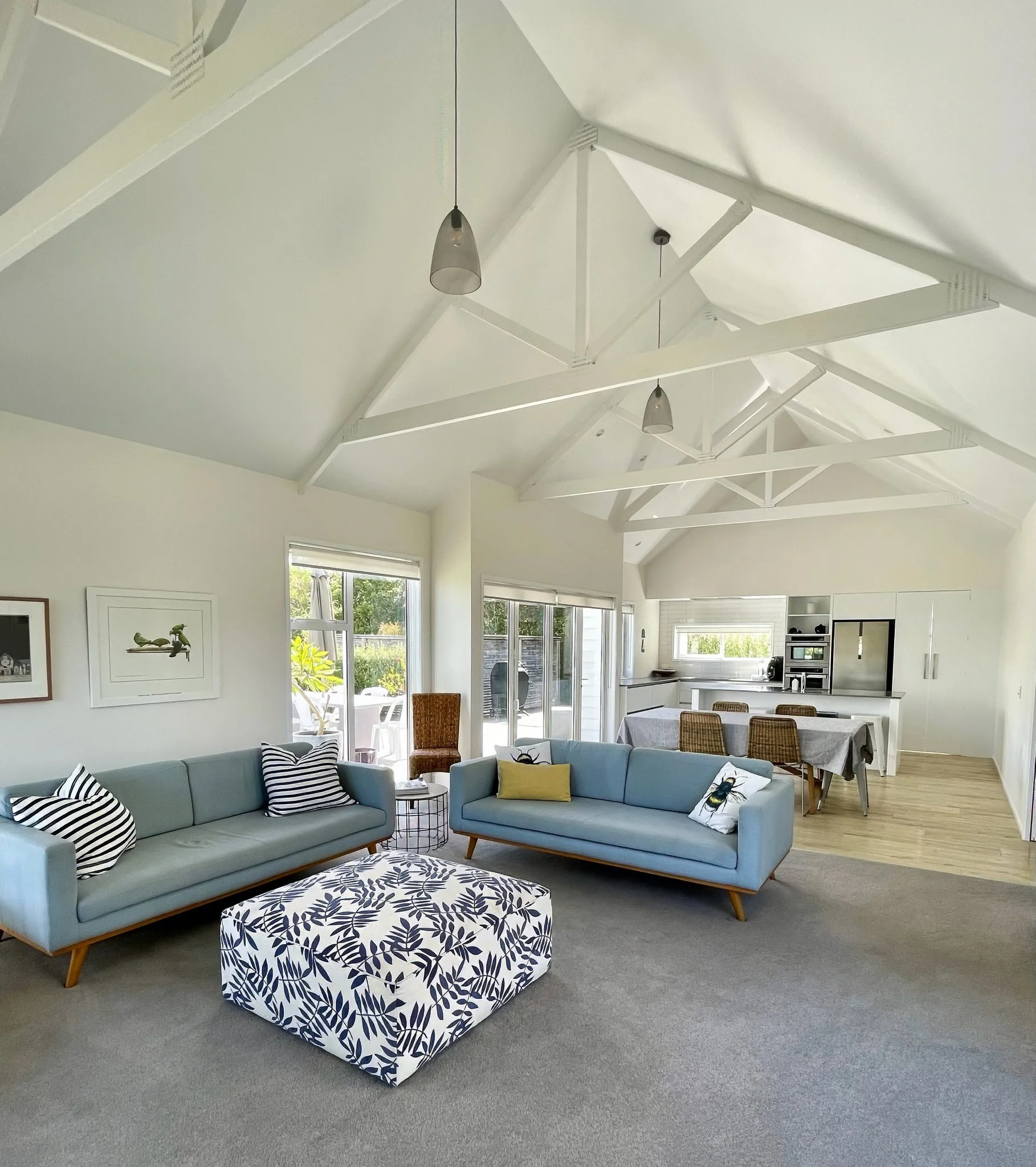 Stingray interior lounge with neutral tones and quality finishes, Mangawhai family home 