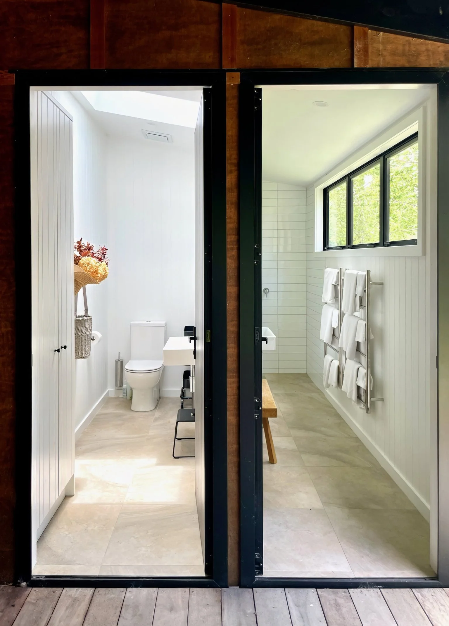 Luxury bathroom with subway tiles and black window frame, Waiotahi Drive new home Elite Building Northland