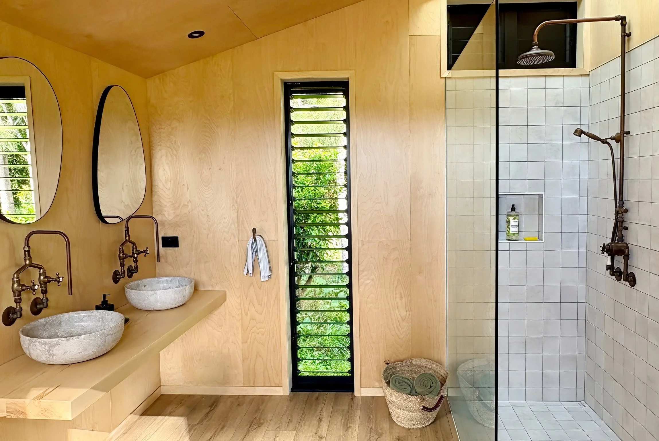 Birch plywood lined bathroom interior with Italian handcrafted tiles, Black Swamp