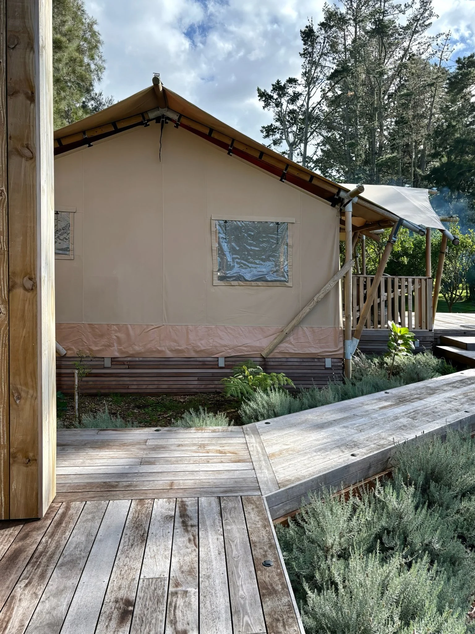 Architecturally designed safari tent with kwila decking, Te Arai, Northland