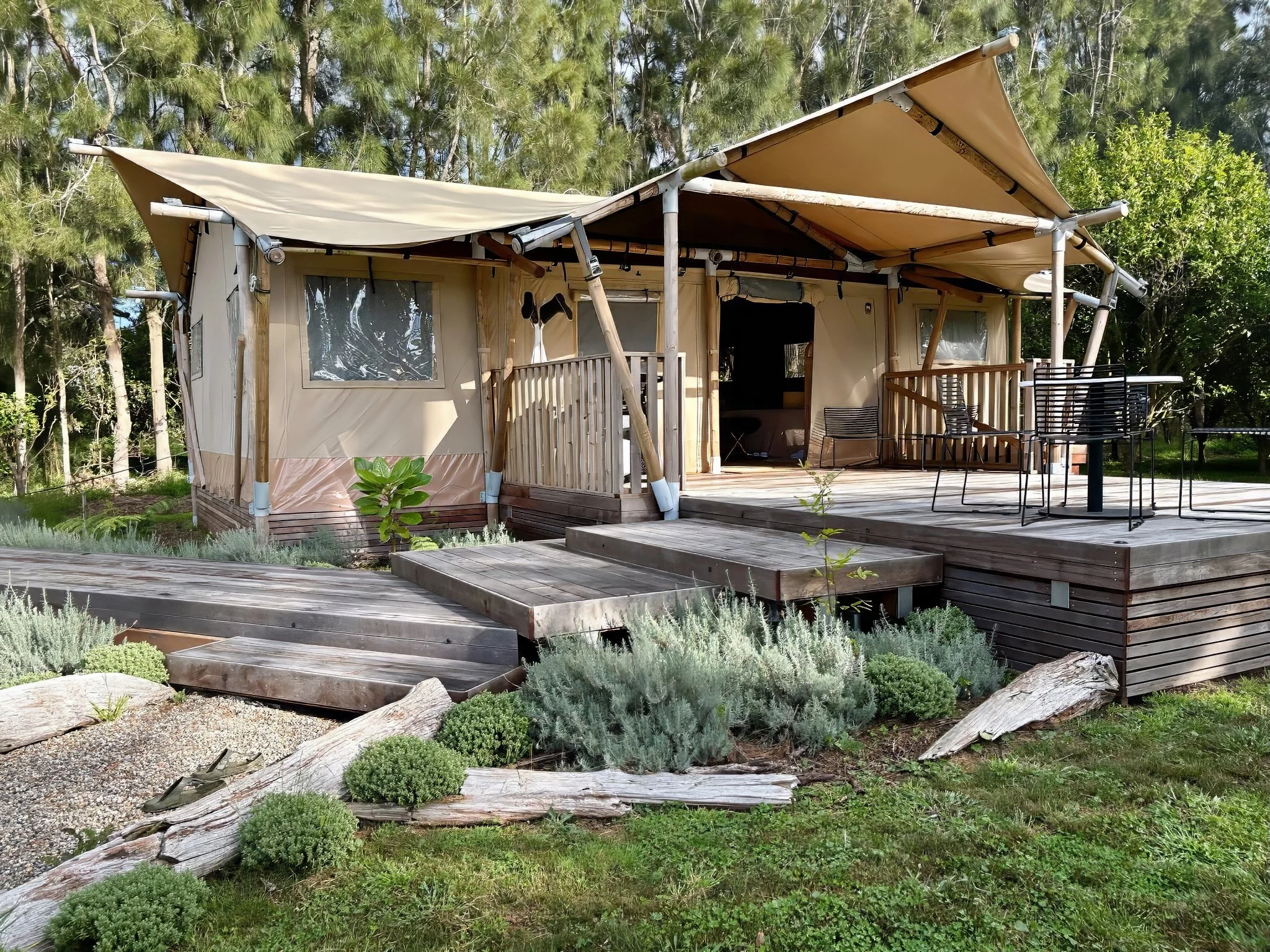 Architecturally designed safari tent with kwila decking, Te Arai, Northland