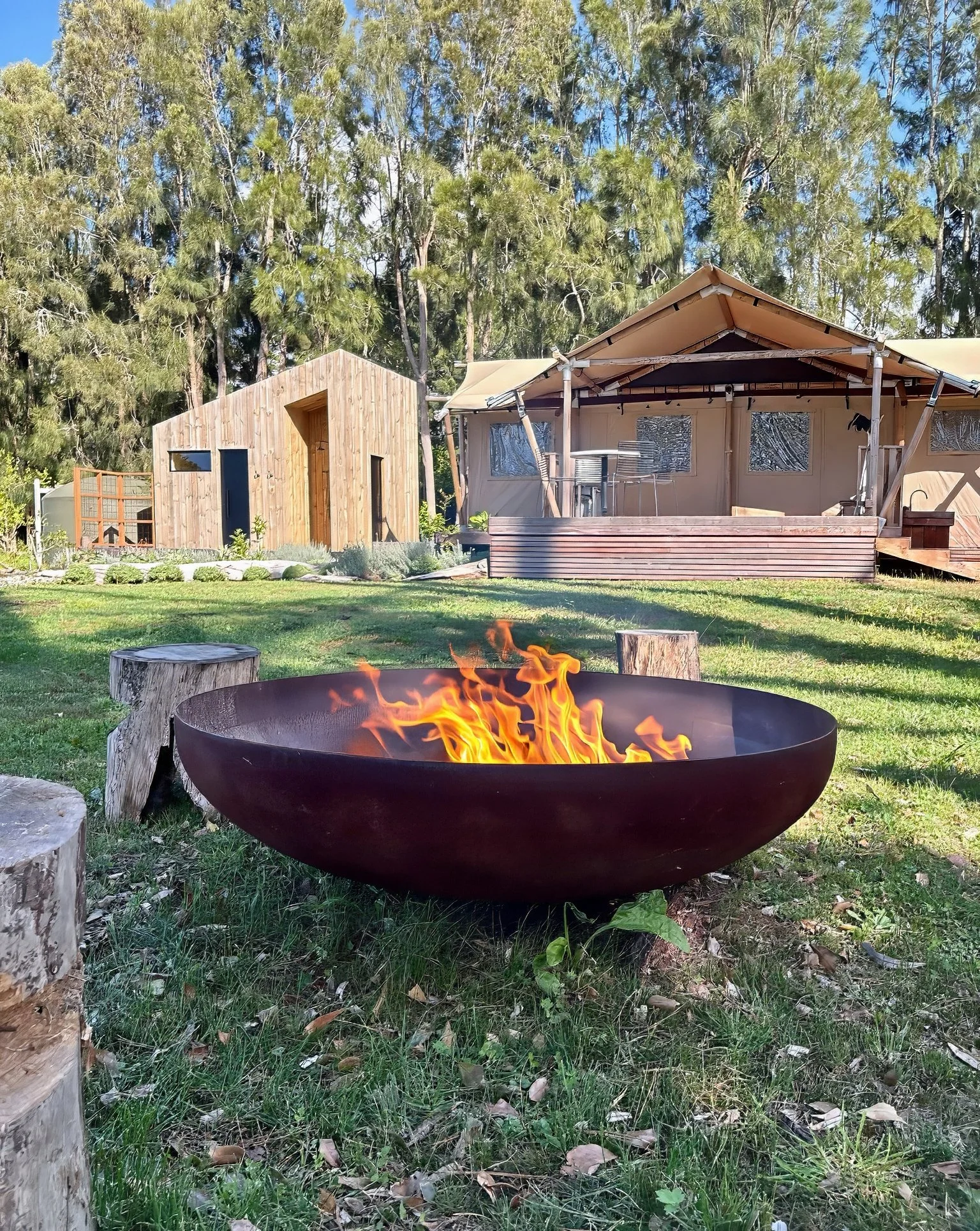 Outdoor living area with firepit overlooking Black Swamp glamping retreat