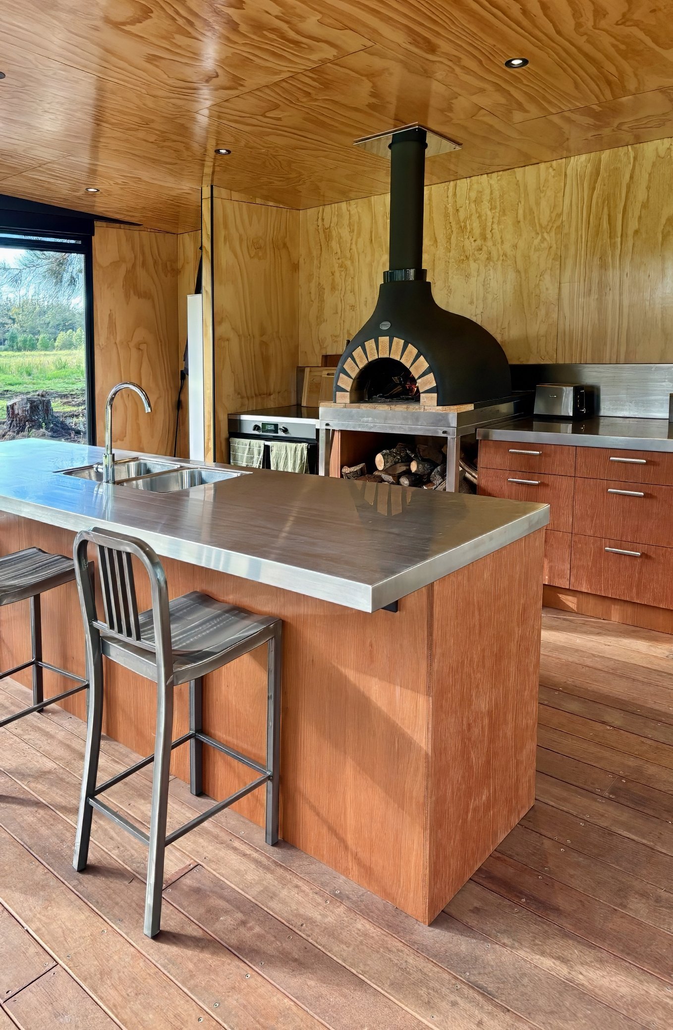 Marine grade outdoor kitchen with stainless steel bench, Black Swamp glamping Mangawhai