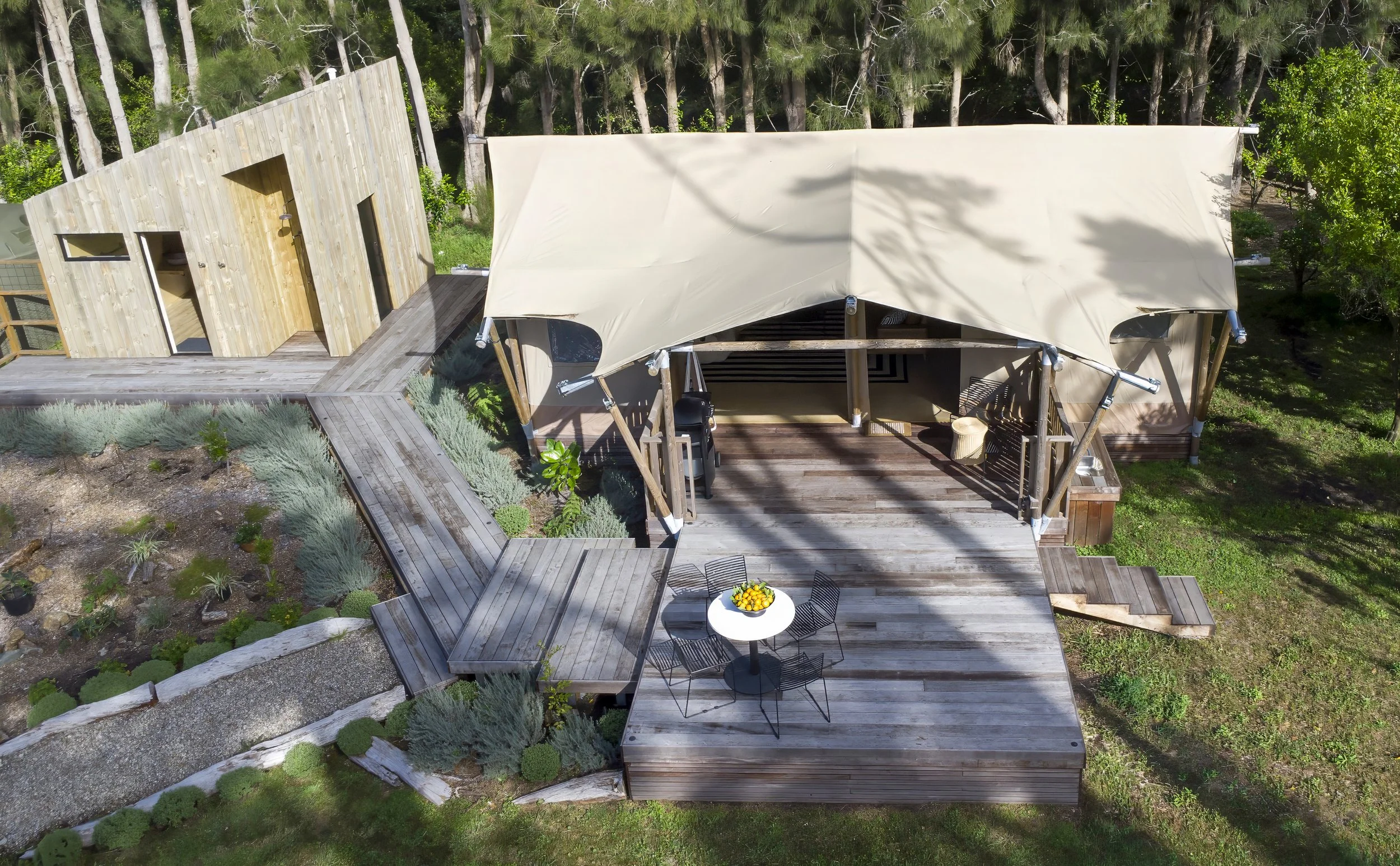 Elite Building new house build glamping tent and bathroom in Mangawhai aerial view
