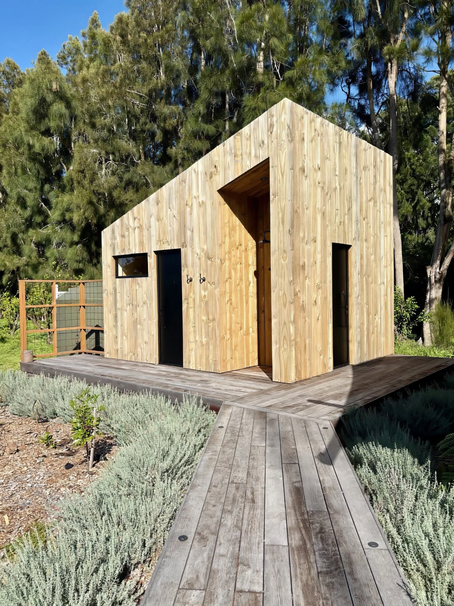 Rustic timber rain screen bathroom block, luxury glamping retreat Mangawhai
