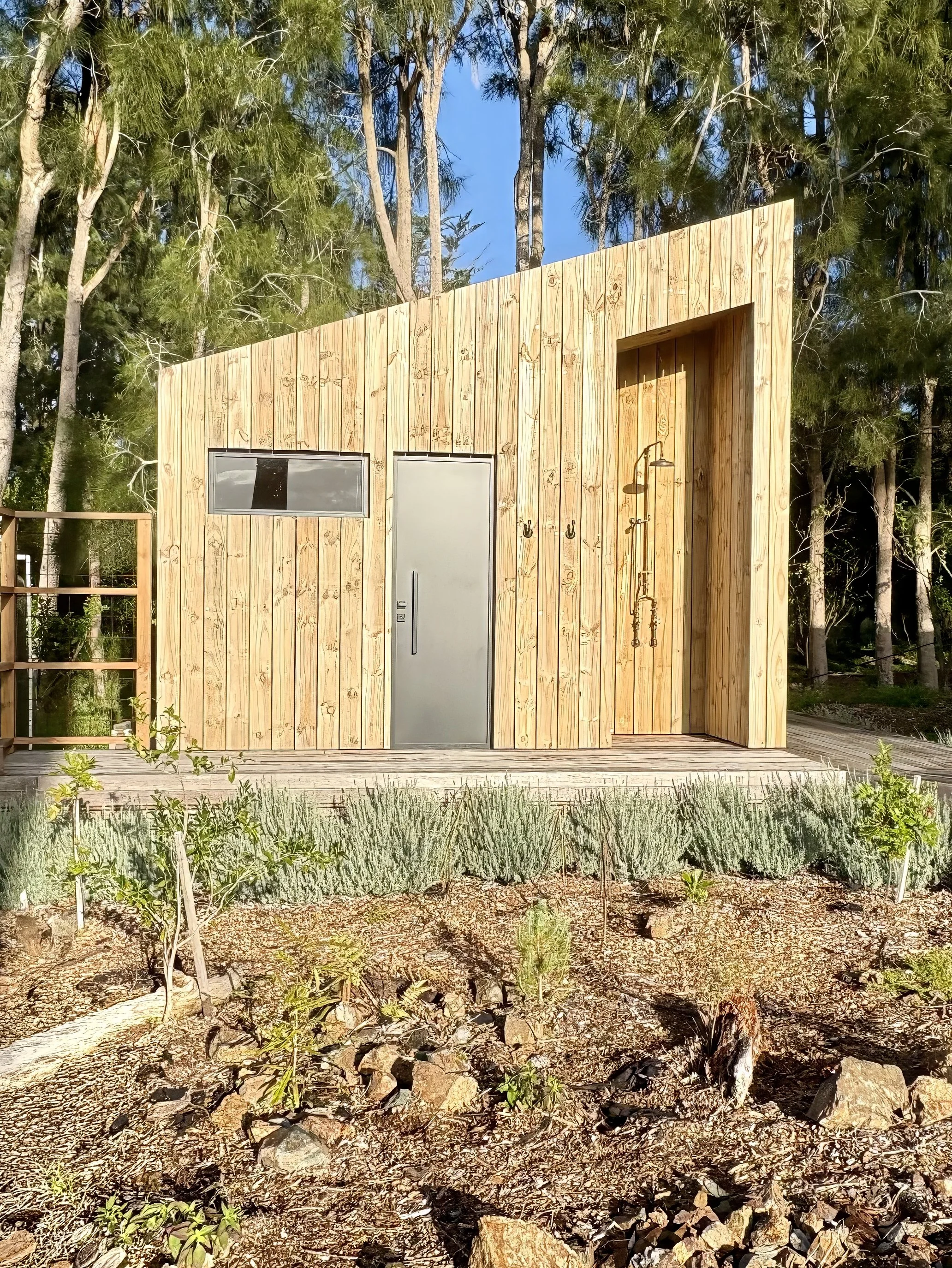 Rustic timber rain screen bathroom block, luxury glamping retreat Mangawhai