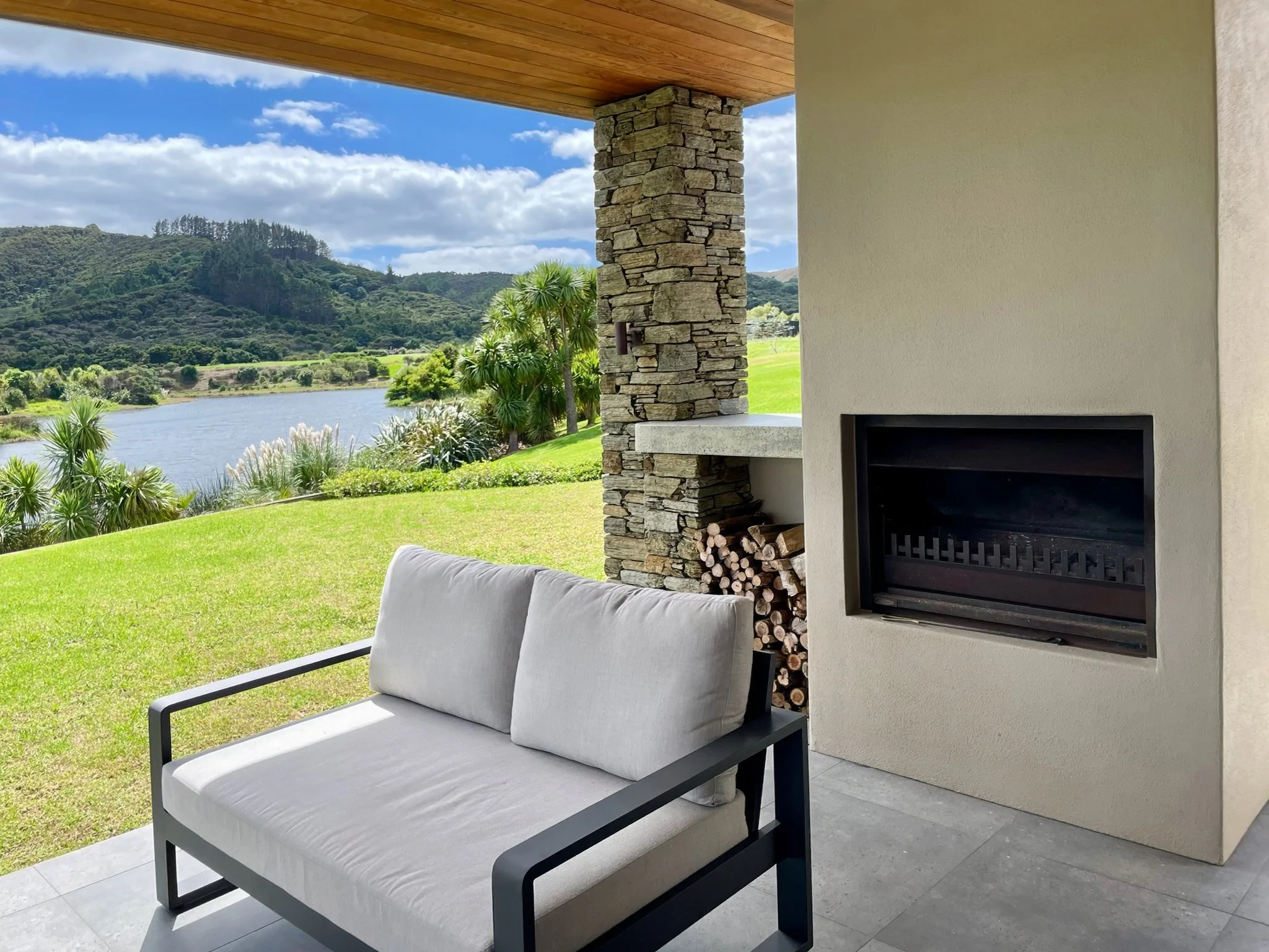 luxury home made with Porotherm blocks imported from Europe exterior outdoor fireplace