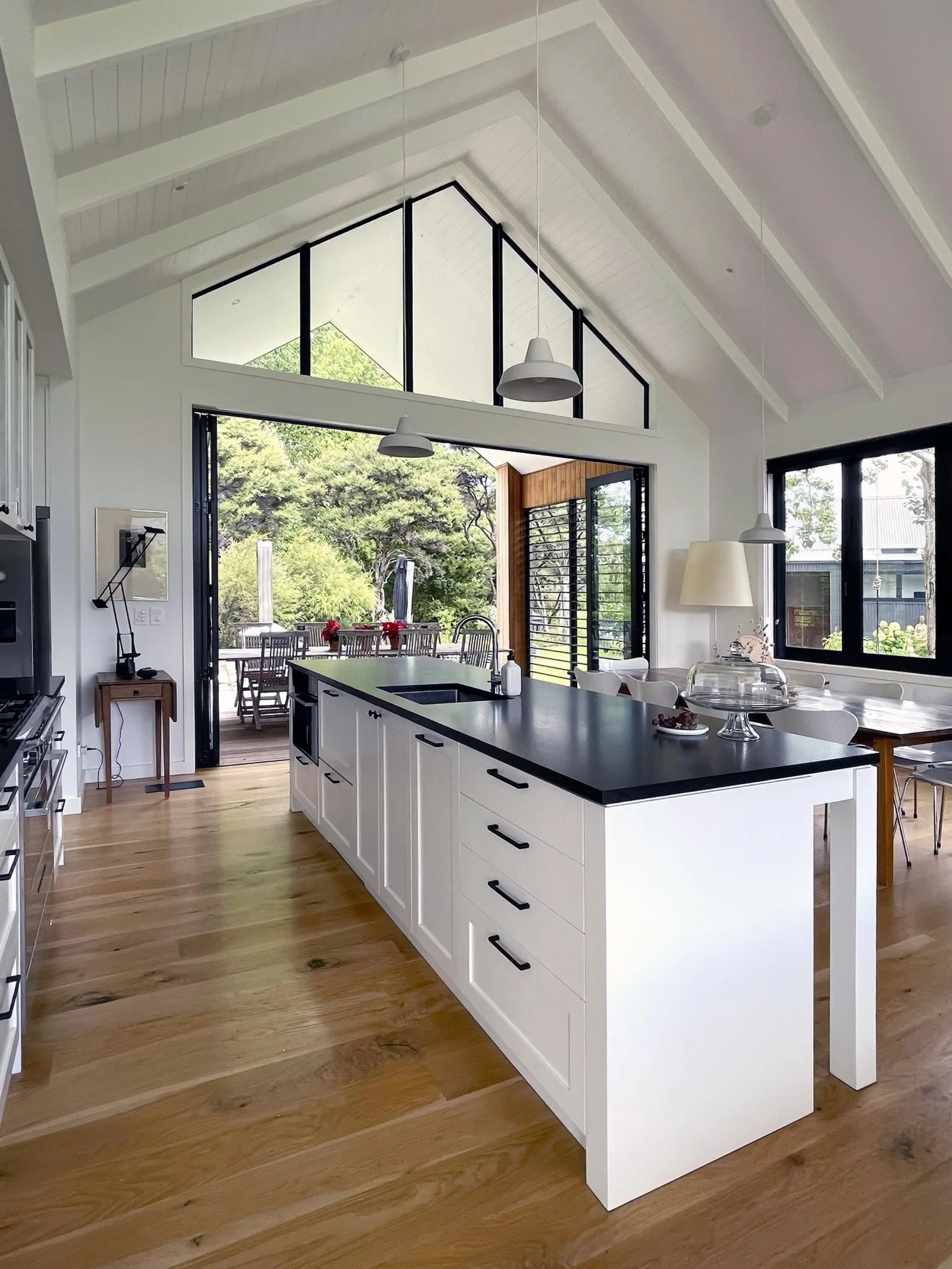 Open plan kitchen with vaulted ceiling and floor to ceiling windows, Waiotahi Drive Elite Building Northland