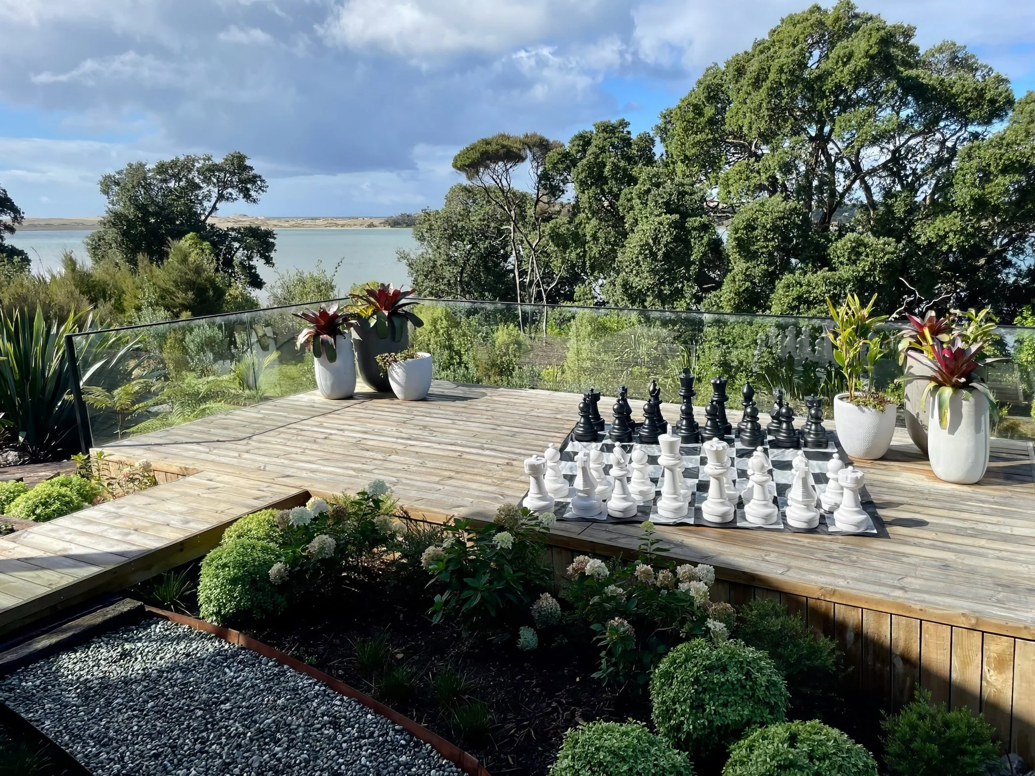 Sand Dune luxury outdoor entertaining area with large chess set, Elite Building Northland