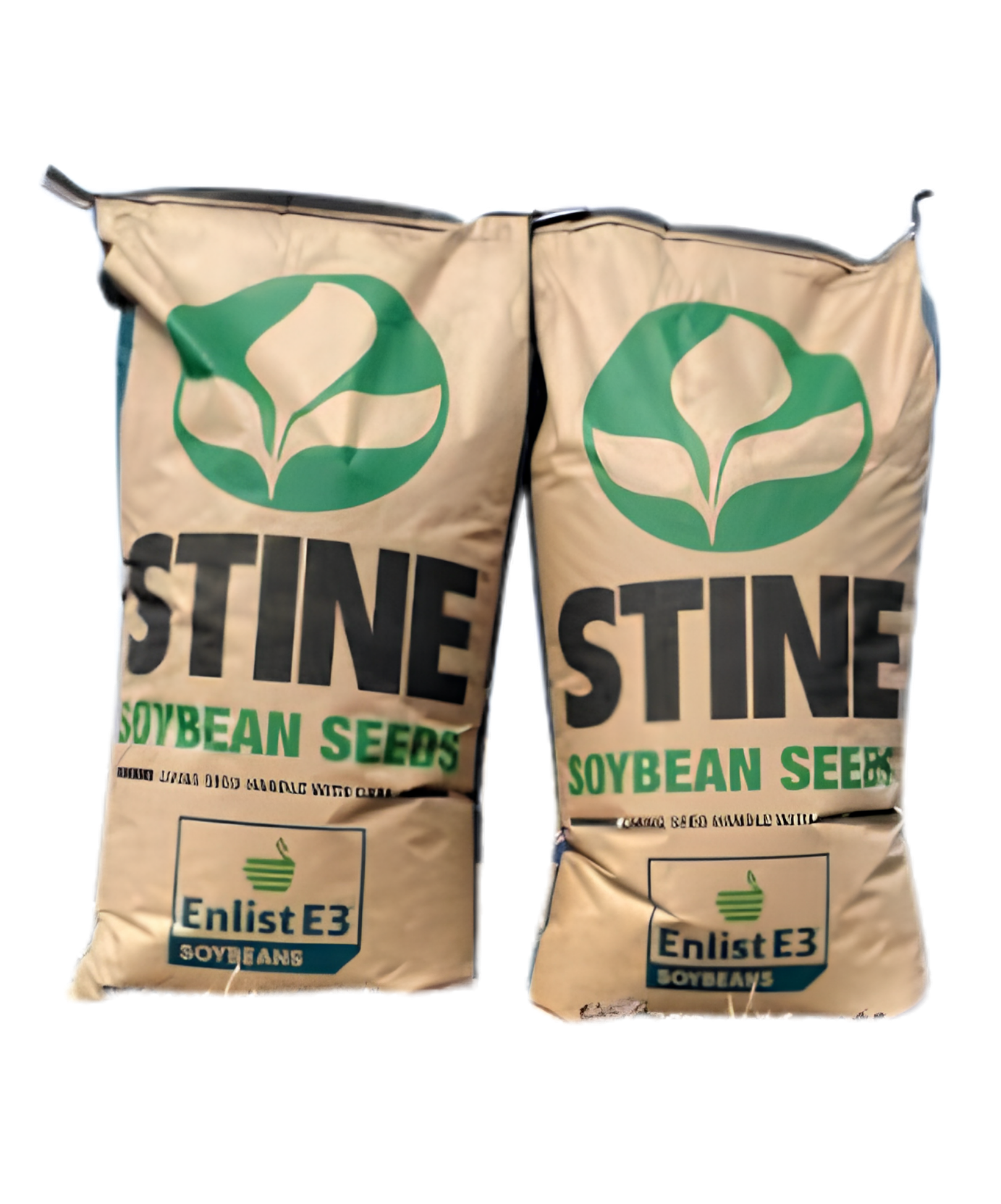 Two beige seed packets with green and black text and a green logo of a plant, labeled 'Soybean Seeds' and 'Enlist E3'.