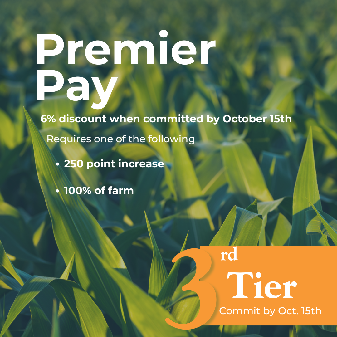 Advertisement for Premier Pay with a green overlay of a photo of a corn background, offering a 6% discount for commitments by October 15th, requiring either a 250-point increase or 100% of farm, with a 3rd tier to also commit by October 15th.