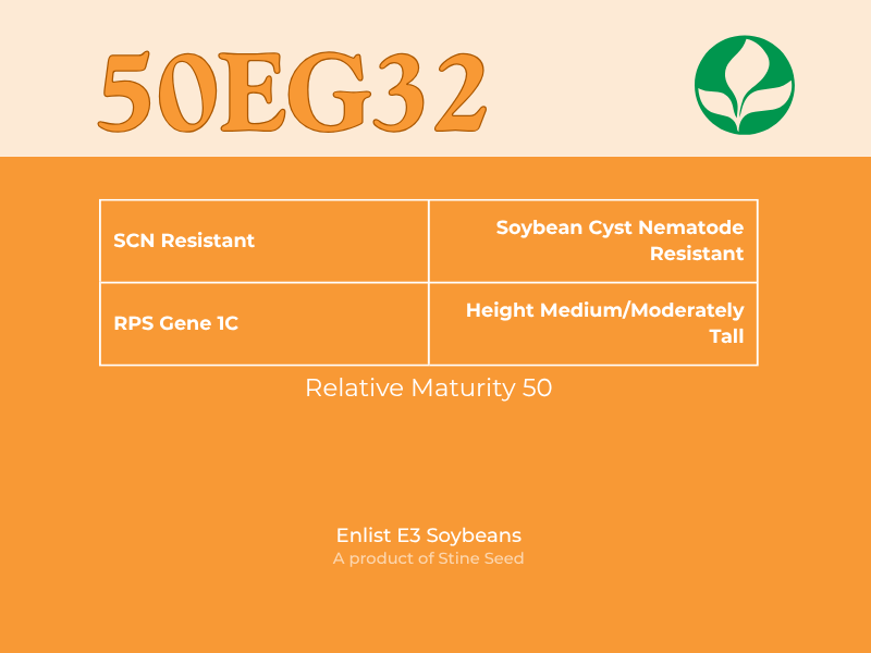 Infographic label for 50EG32, an Enlist E3 soybean seed that has the RPS gene 1c and is resistant to SCN and soybean cyst nematode. With medium height and maturity rate of 50. A product of Stine Seed, featuring their green leaf logo.