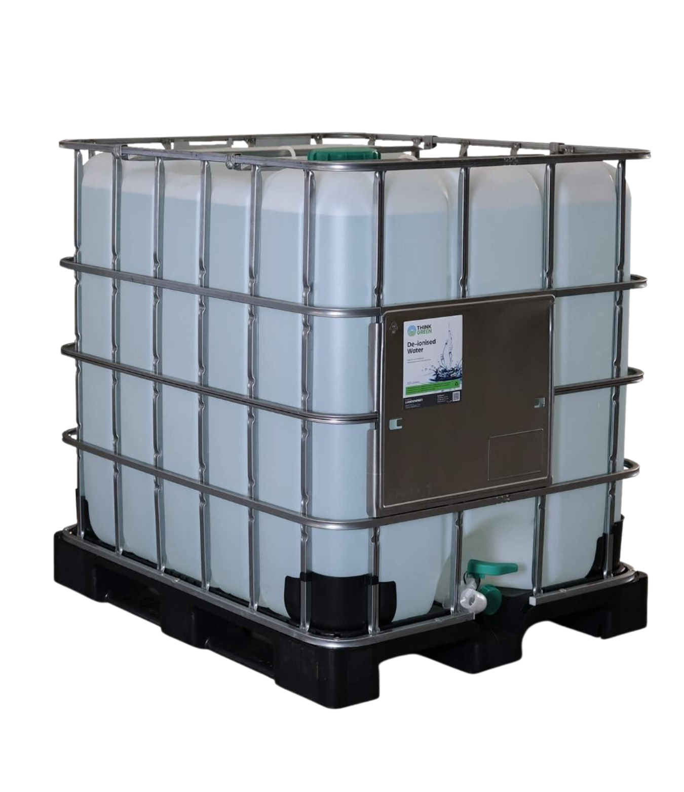 QLF Agronomy product, large white plastic water tank with a metal frame, black base, and a small door on the front labeled "De-ionised Water".