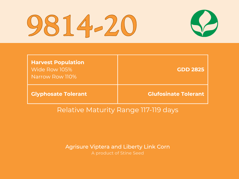 Infographic label for 9814-20, an Agrisure Viptera and Liberty Link corn seed that is glyphosate and glufosinate tolerant, with a GDD of 2825 and a maturity range of 117-119 days. A product of Stine Seed, featuring their green leaf logo.